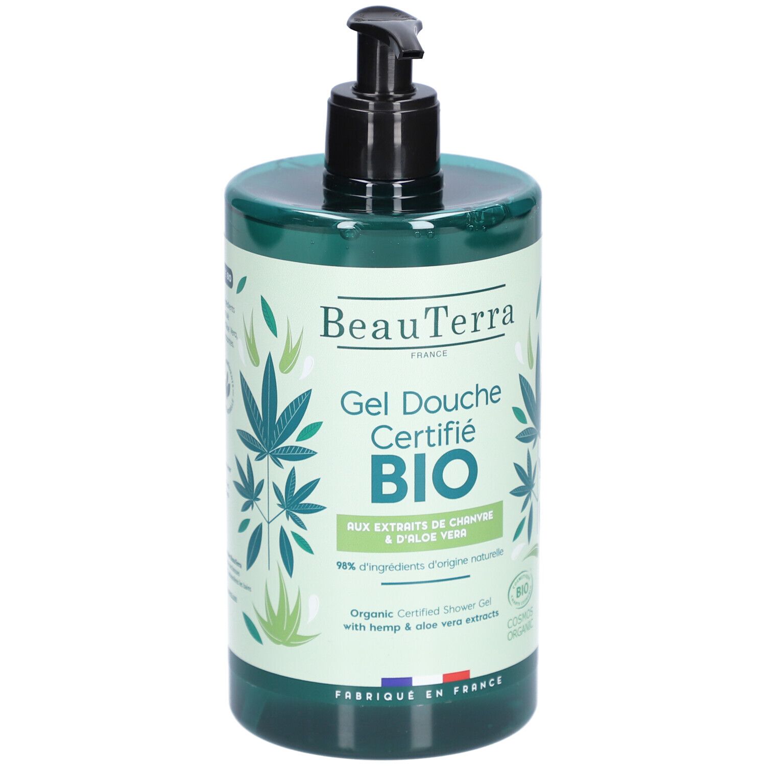 Grüne Flasche mit schwarzem Spender. Aufschrift: BeauTerra, Gel Douche Certifié BIO. Mit Hanf- und Aloe Vera-Extrakten. Cosmos Organic.