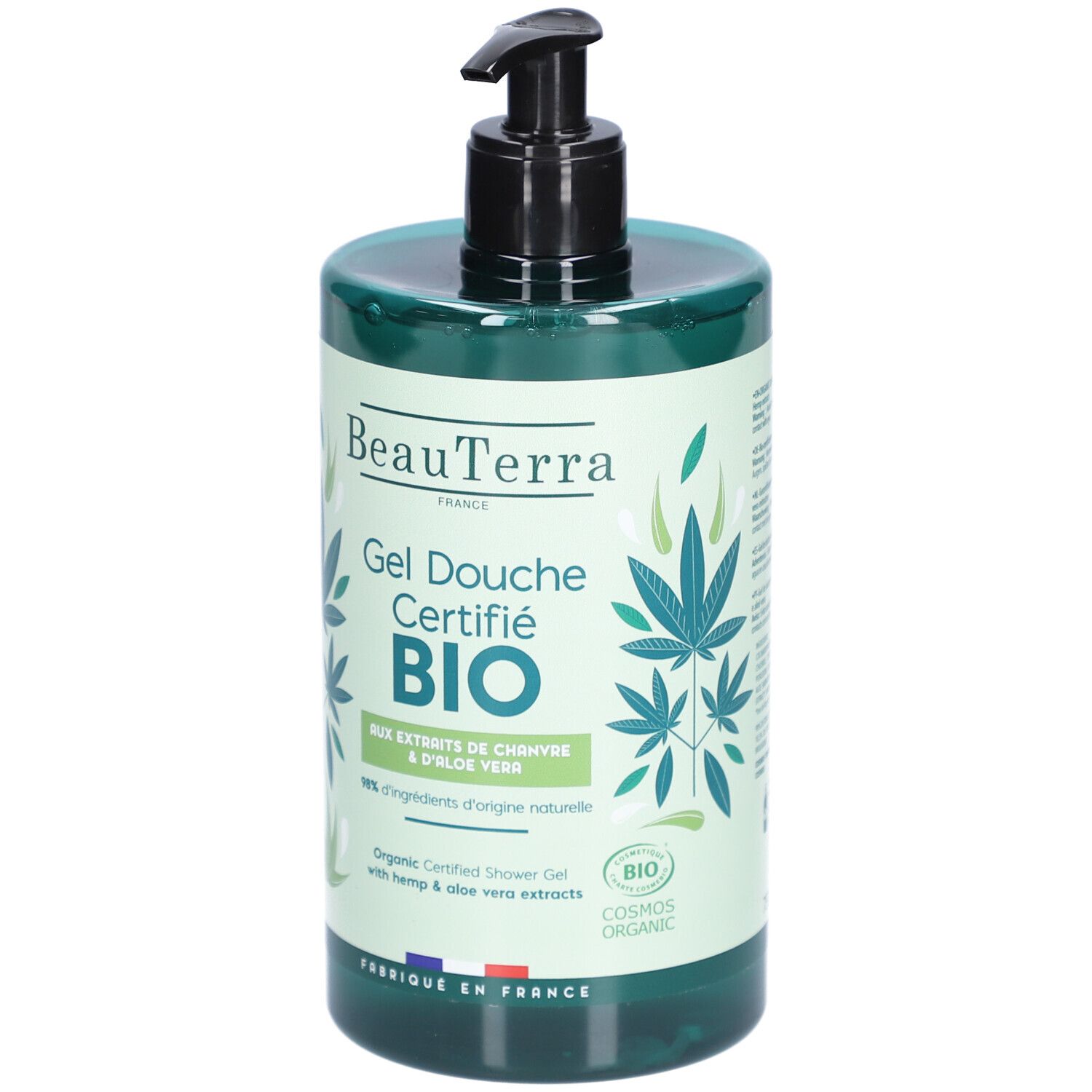 Grüne Flasche mit schwarzem Spender. Aufschrift: BeauTerra, Gel Douche Certifié BIO. Mit Hanf- und Aloe Vera-Extrakten. Cosmos Organic.