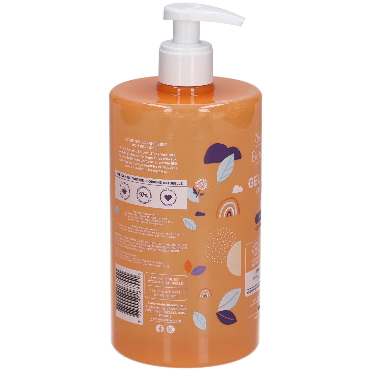 Rückseite einer orangefarbenen Flasche mit weißem Pumpkopf. Text und Logos. Bio-Siegel. Barcode. Inhalt: 750ml.
