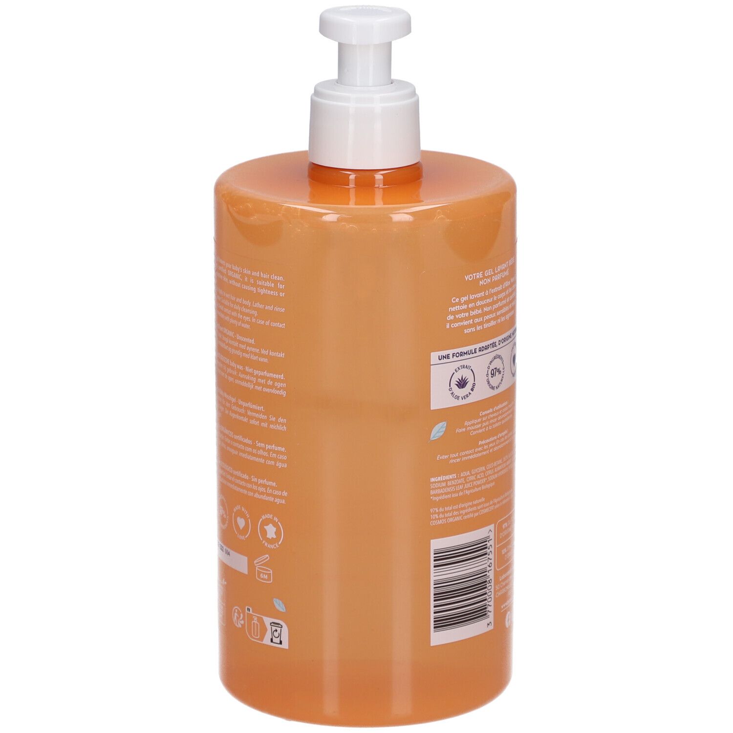 Rückansicht einer orangefarbenen Flasche mit weißem Pumpkopf. Text und Logos. Bio-Siegel. Barcode. Inhalt: 750ml.