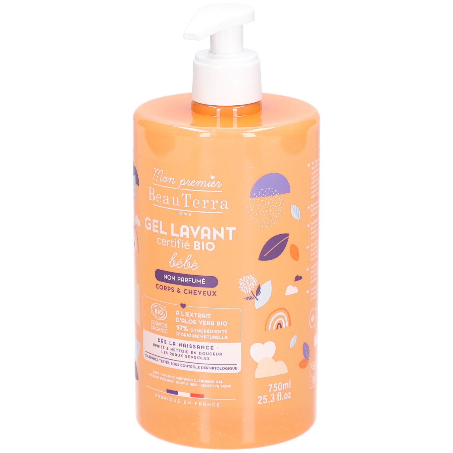 Orangefarbene Flasche mit weißem Pumpkopf. Aufschrift: Mon premier BeauTerra, Gel Lavant, certifié BIO, bébé, non parfumé. Bio-Siegel. 750ml.