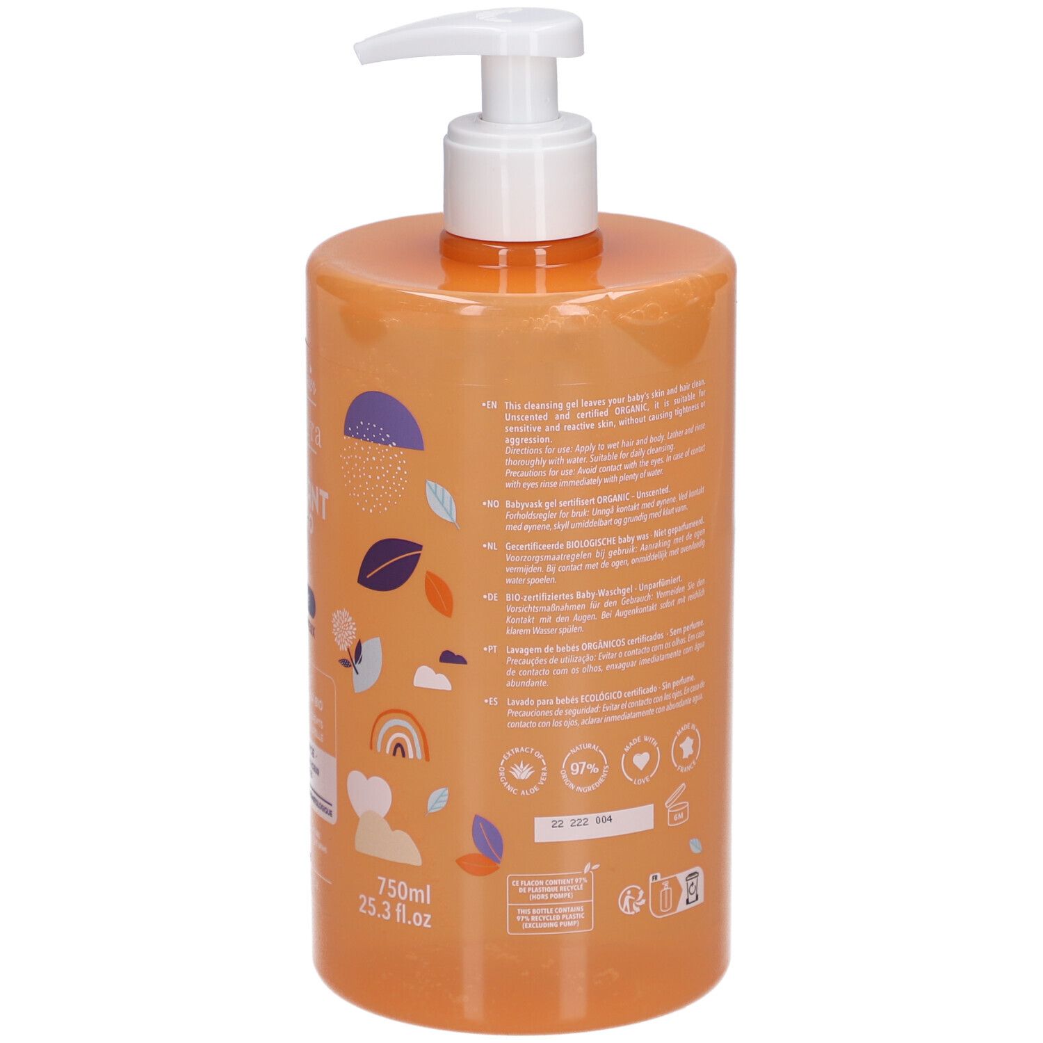Rückseite einer orangefarbenen Flasche mit weißem Pumpkopf. Text und Logos. Bio-Siegel. Barcode. Inhalt: 750ml.