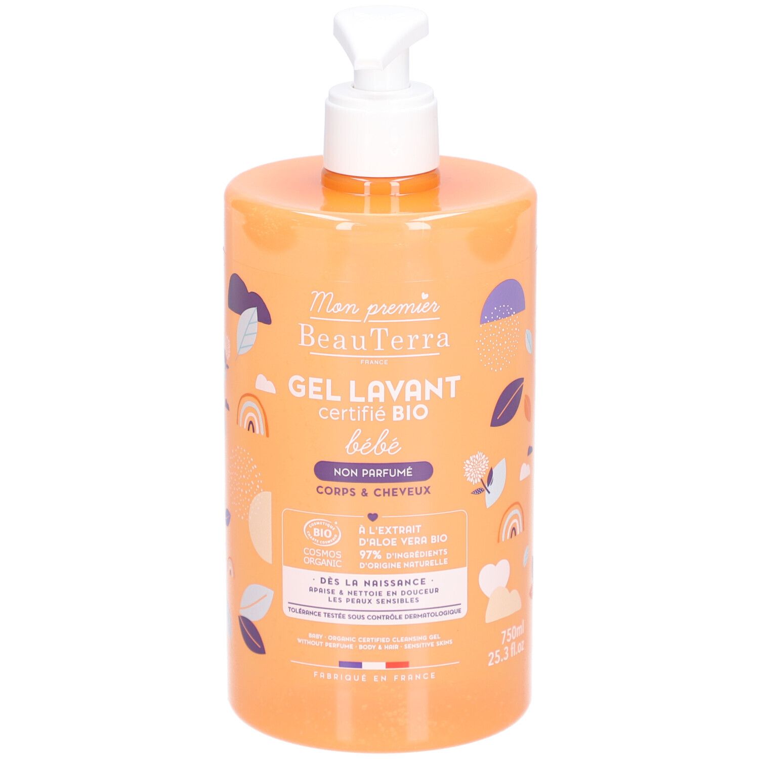 Orangefarbene Flasche mit weißem Pumpkopf. Aufschrift: Mon premier BeauTerra, Gel Lavant, certifié BIO, bébé, non parfumé. Bio-Siegel.