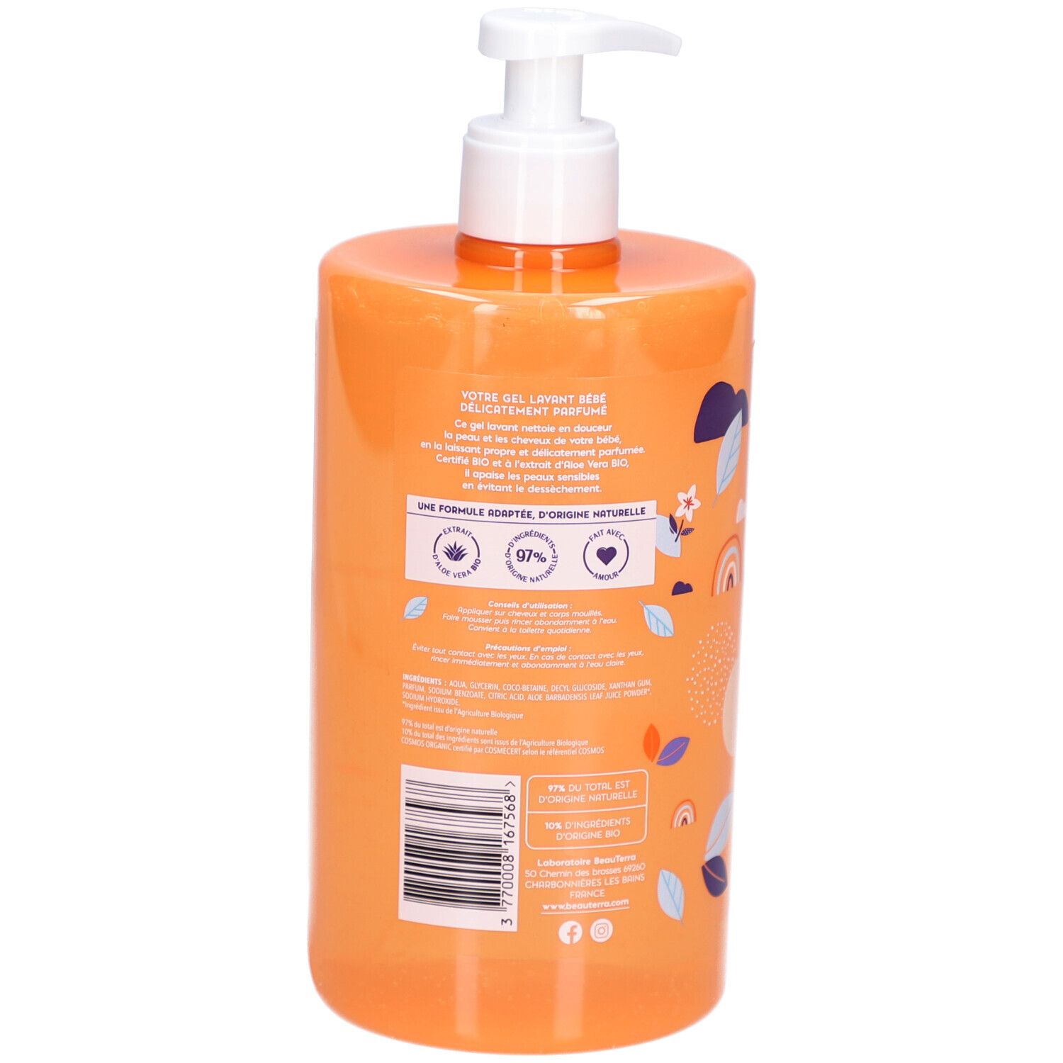 Rückseite einer orangefarbenen Flasche mit weißem Pumpkopf. Text und Logos. Produktinformationen und Zertifizierungen.