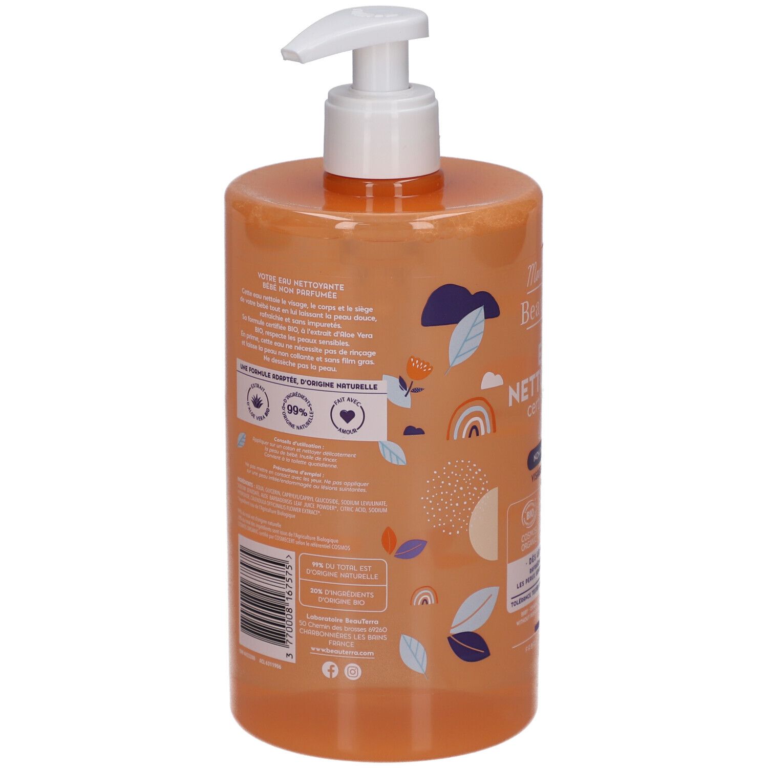 Rückseite der Baby-Reinigungswasser-Flasche. Text und Logos. Barcode. Bio-Siegel und 99% Inhaltsstoffe natürlichen Ursprungs.