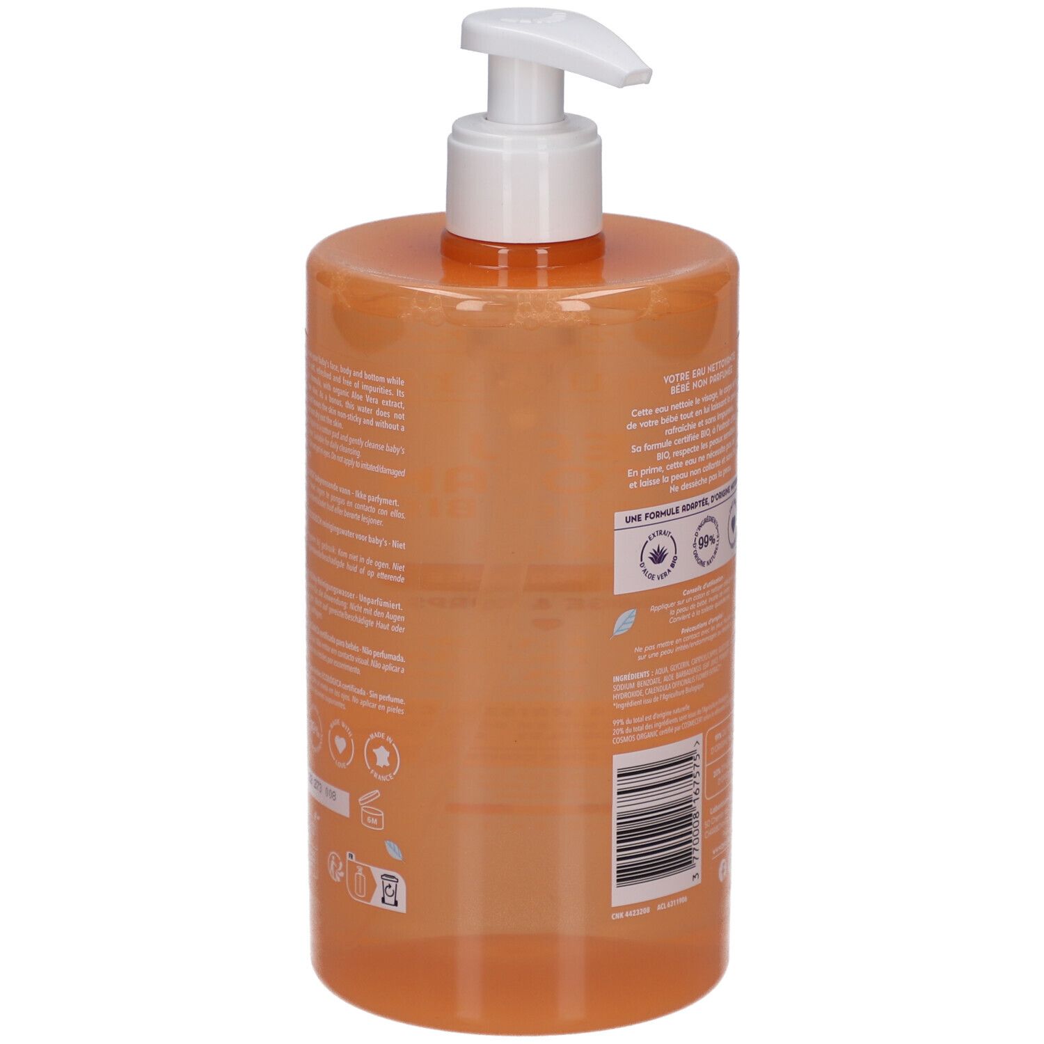 Rückseite der Baby-Reinigungswasser-Flasche. Text und Logos. Barcode. Bio-Siegel und 99% Inhaltsstoffe natürlichen Ursprungs.