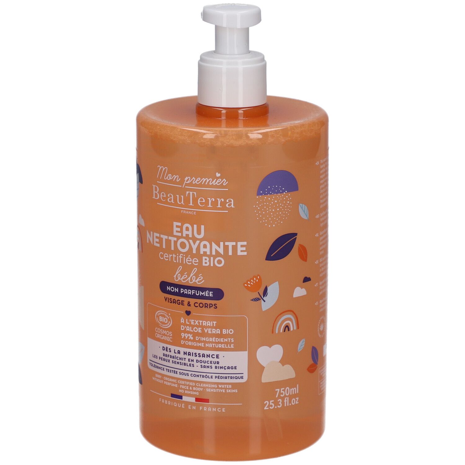 Reinigungswasser für Babys. Transparente Flasche mit Pumpe. Aufschrift: BeauTerra, Eau Nettoyante, certifiée BIO. Mit Bio-Siegel.