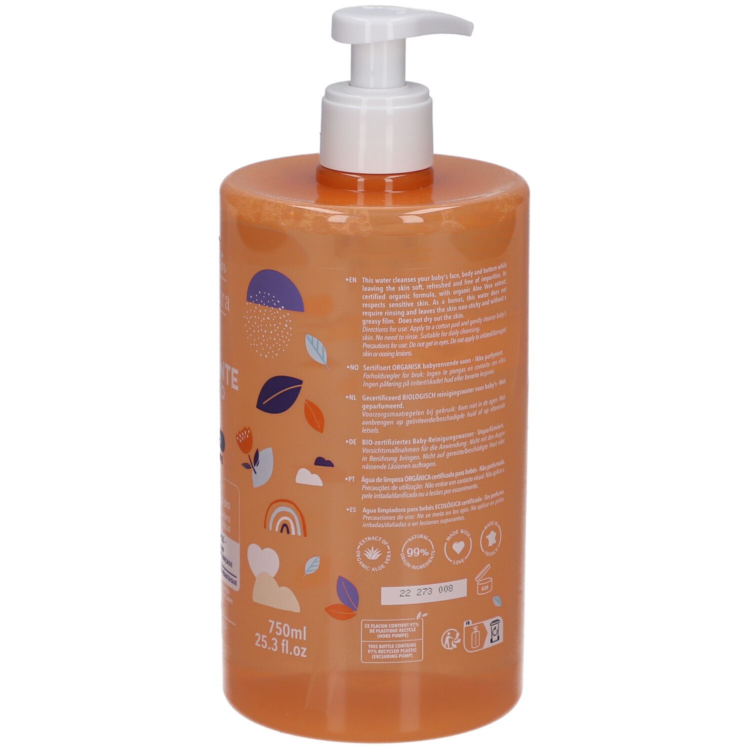 Rückseite der Baby-Reinigungswasser-Flasche. Text und Logos. Barcode. Bio-Siegel und 99% Inhaltsstoffe natürlichen Ursprungs.