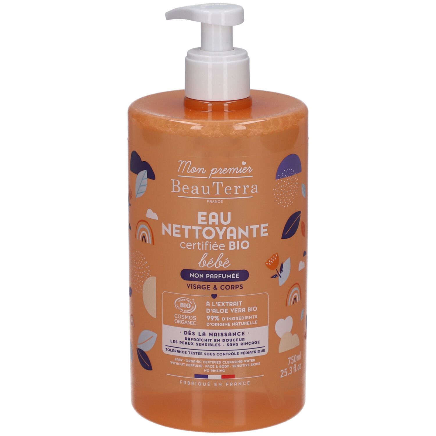 Reinigungswasser für Babys. Transparente Flasche mit Pumpe. Aufschrift: BeauTerra, Eau Nettoyante, certifiée BIO. Mit Bio-Siegel.