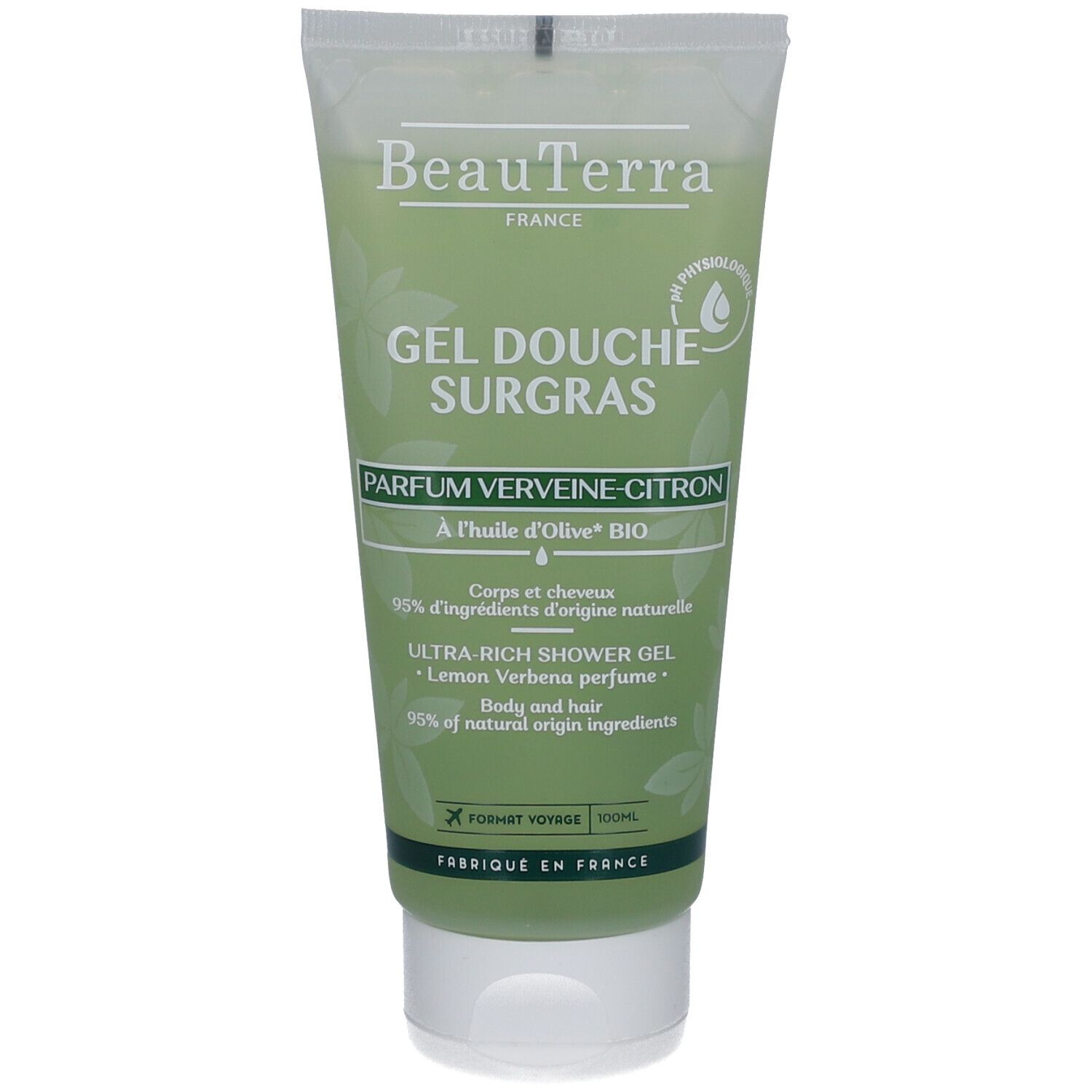 Grüne Tube mit weißem Deckel. Aufschrift: BeauTerra, Gel Douche Surgras, Parfum Verveine-Citron. Mit Olivenöl.