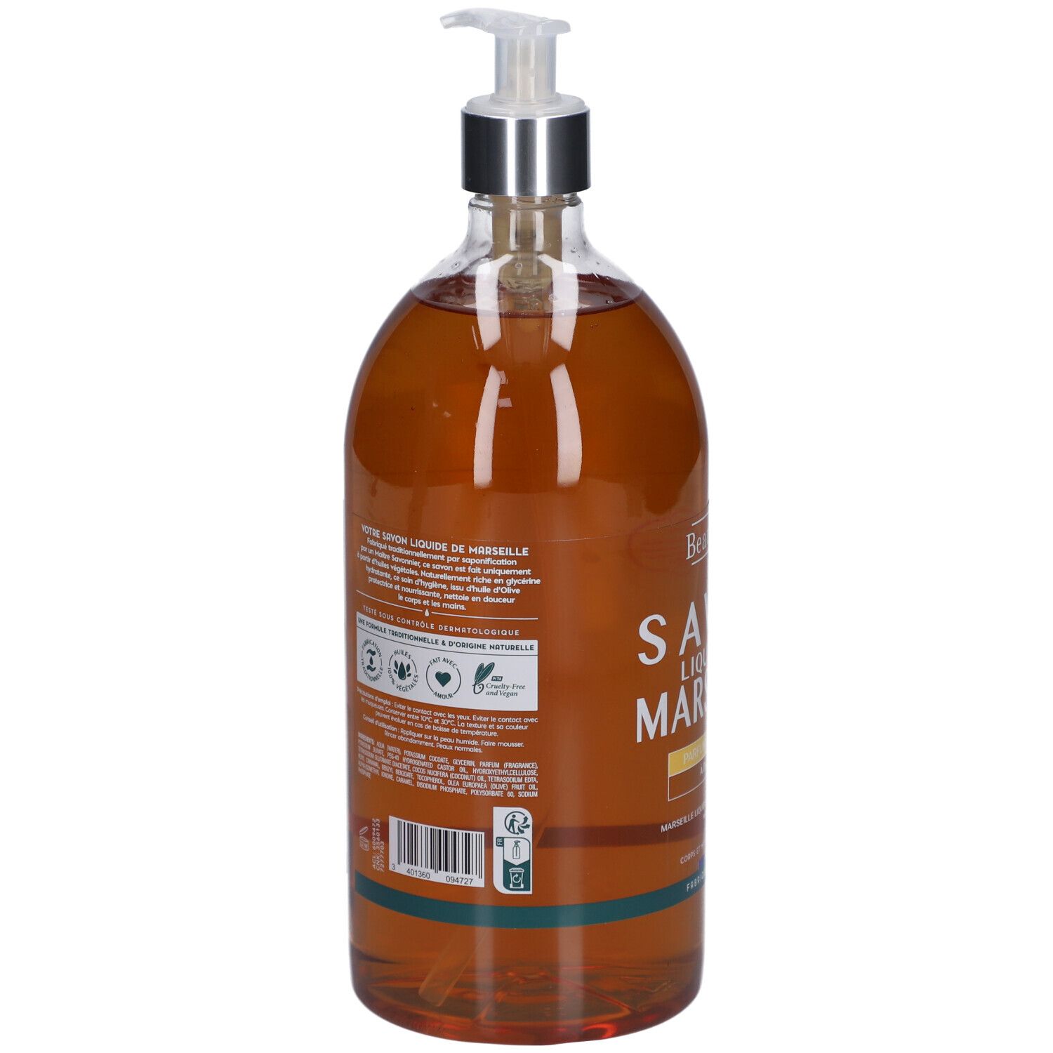 Rückseite der Beauterra Flüssigseife. Etikett mit Inhaltsstoffen, Zertifizierungen und Text. Transparente Flasche mit Dosierpumpe.