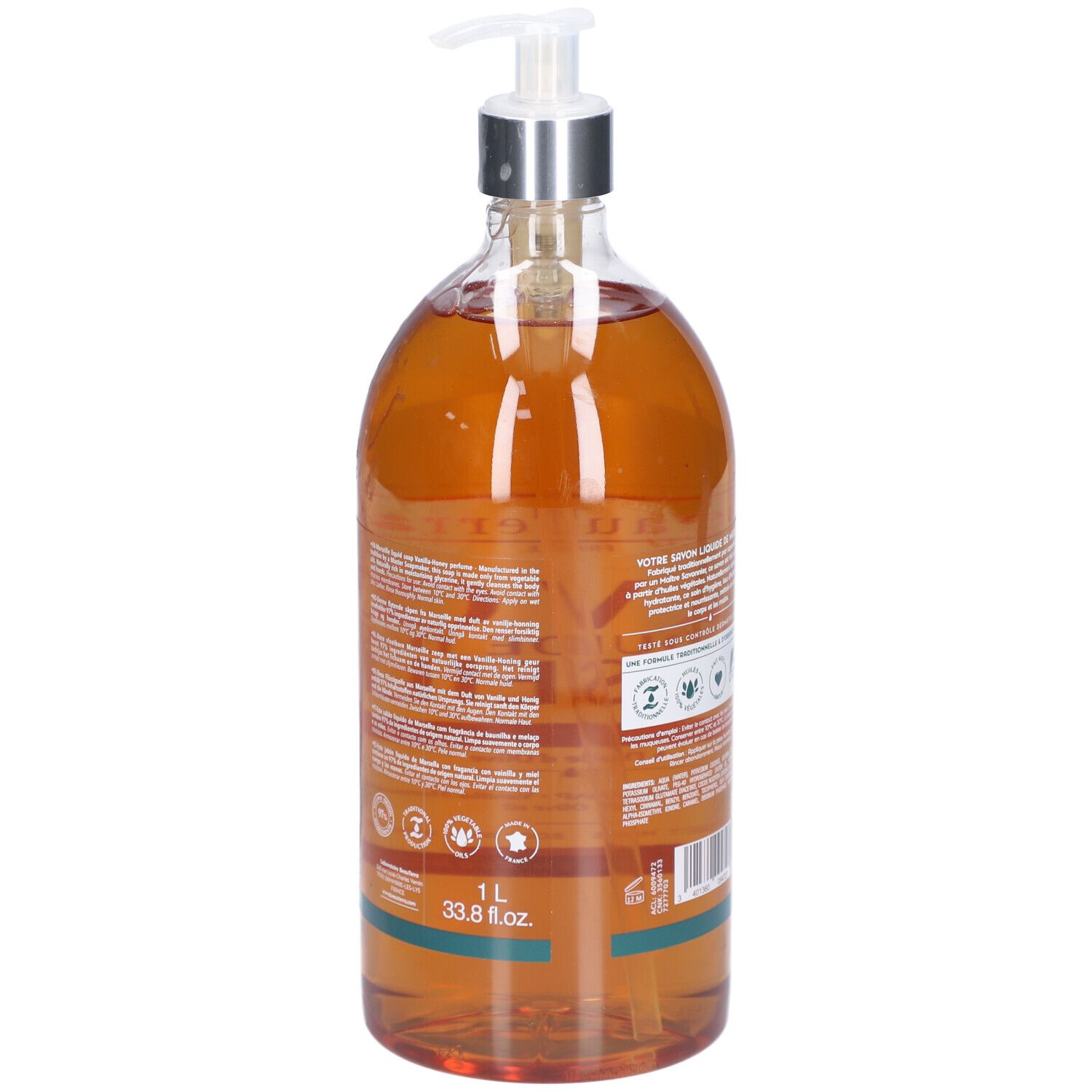 Rückansicht der Beauterra Flüssigseife. Etikett mit Inhaltsstoffen, Zertifizierungen und Text. 1L Flasche.