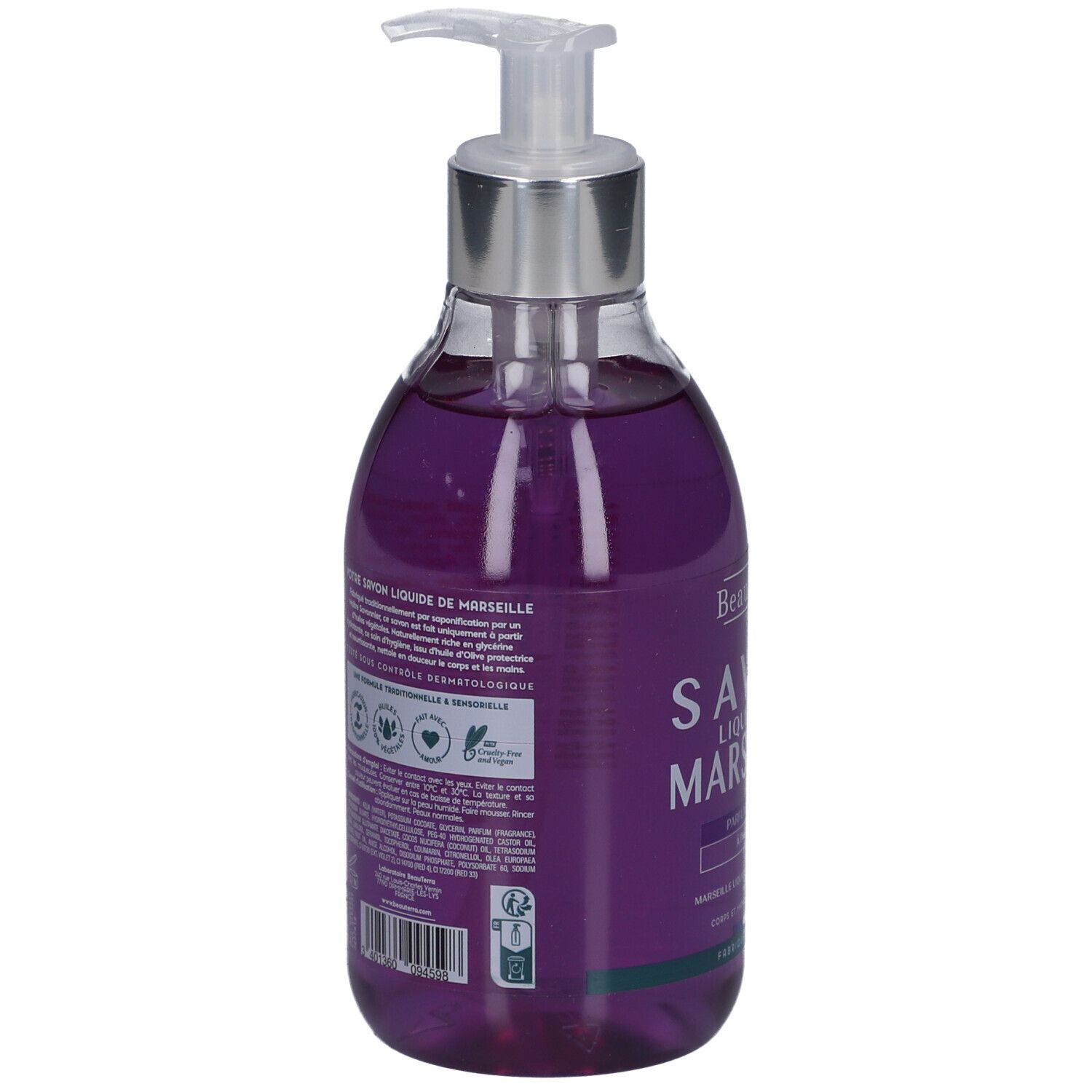 Rückseite der Seifenflasche. Text: Savon Liquide de Marseille, Inhaltsstoffe, Zertifizierungen. 300 ml, 10.1 fl.oz.