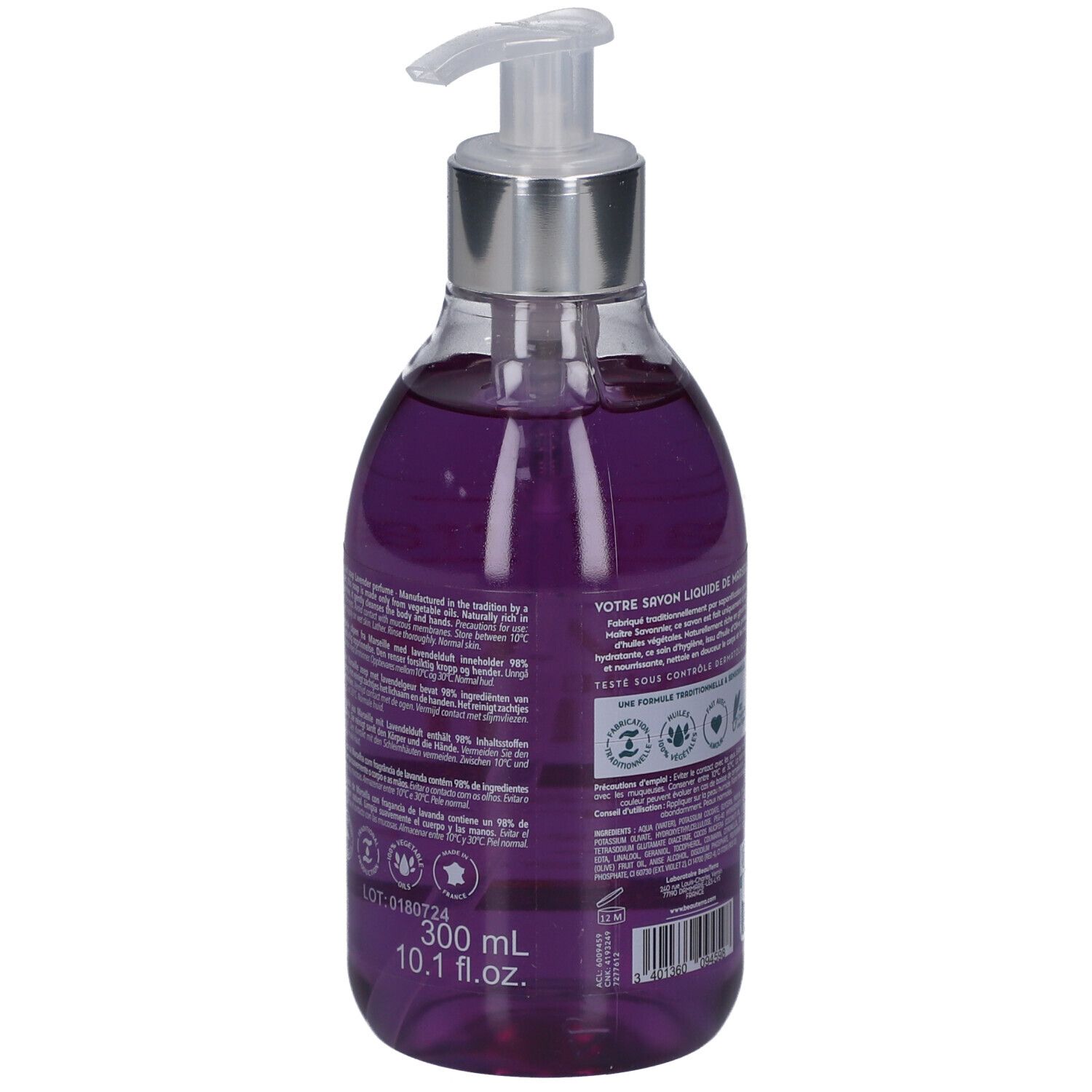 Rückseite der Seifenflasche. Text: Savon Liquide de Marseille, Inhaltsstoffe, Zertifizierungen. 300 ml, 10.1 fl.oz.