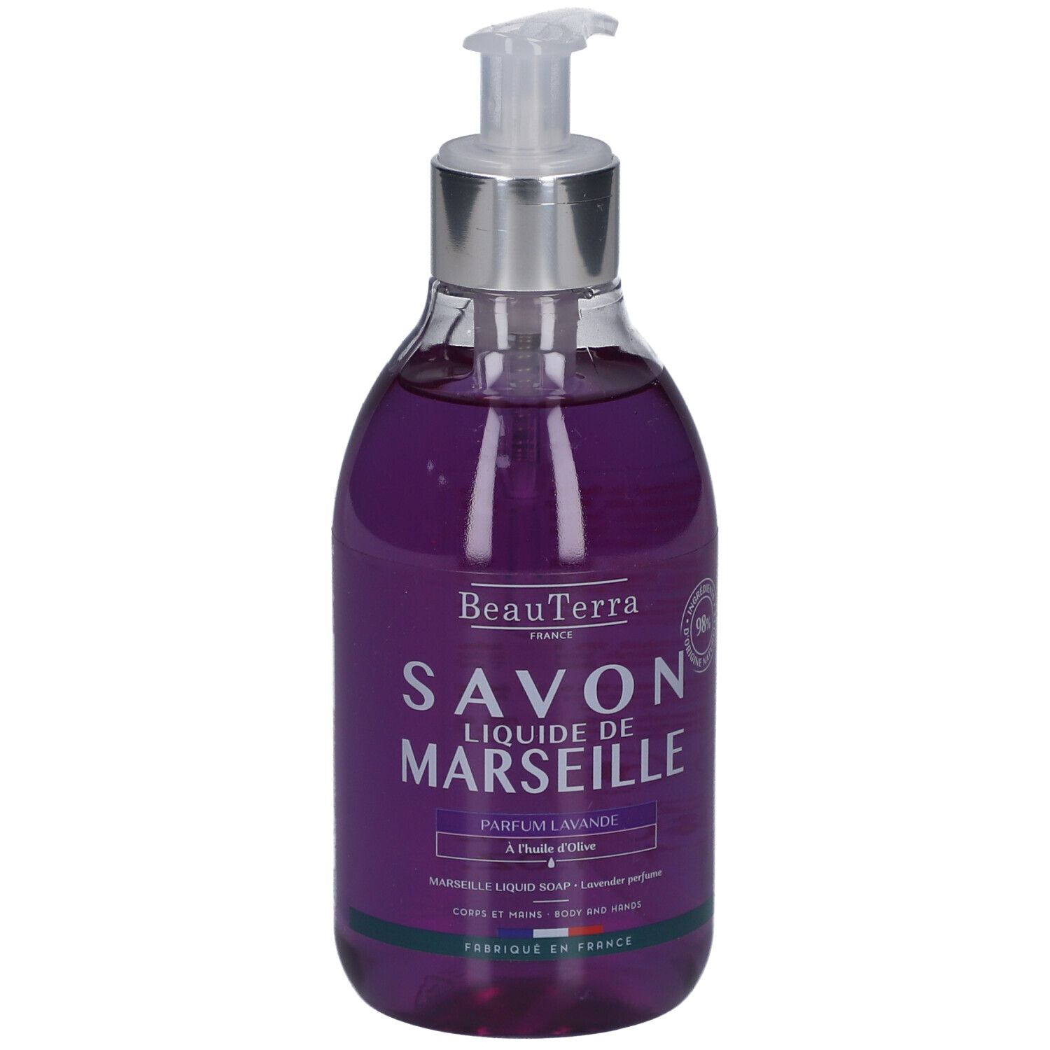Flasche Flüssigseife mit Spender. Lila Flüssigkeit. Text: Savon Liquide de Marseille, Parfum Lavande, à l'huile d'olive.