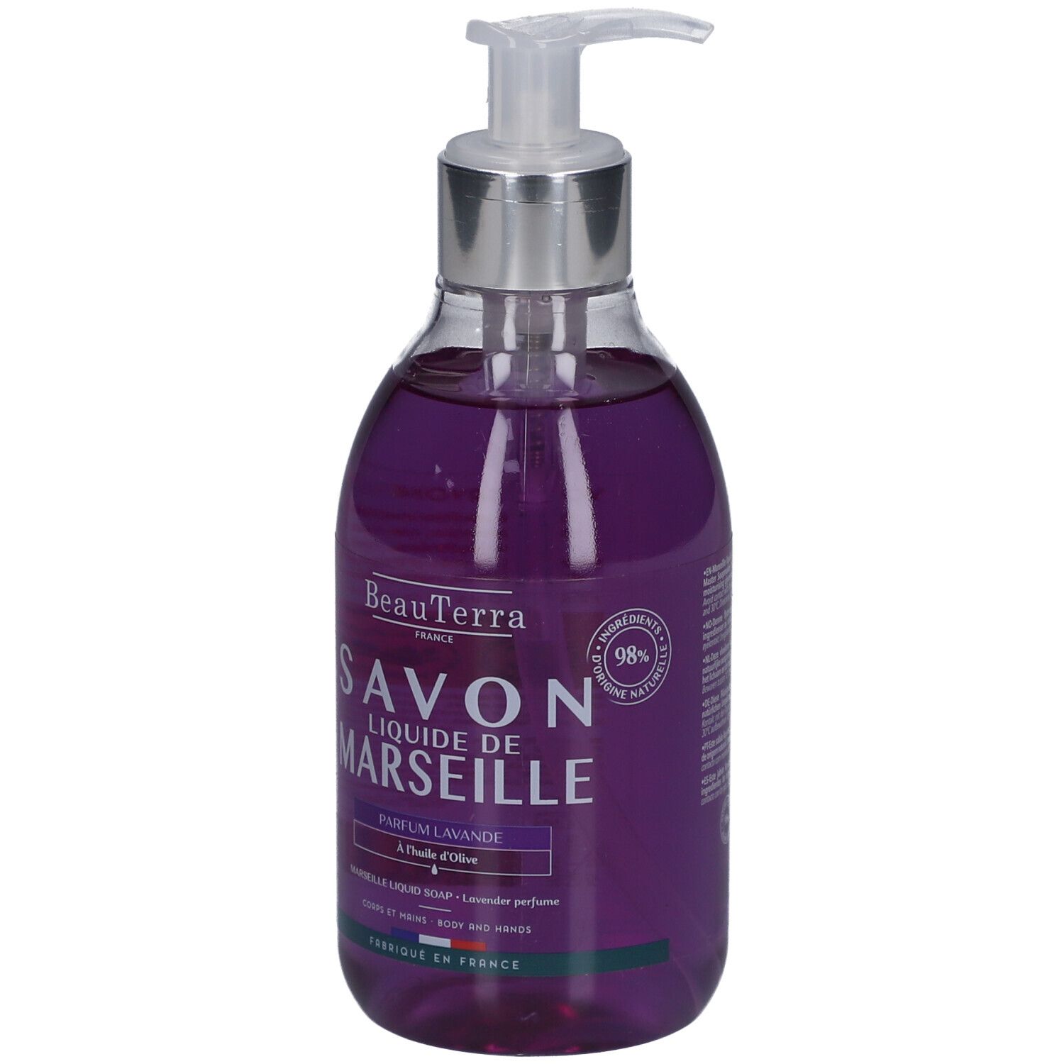 Flasche Flüssigseife mit Spender. Lila Flüssigkeit. Text: Savon Liquide de Marseille, Parfum Lavande, à l'huile d'olive.