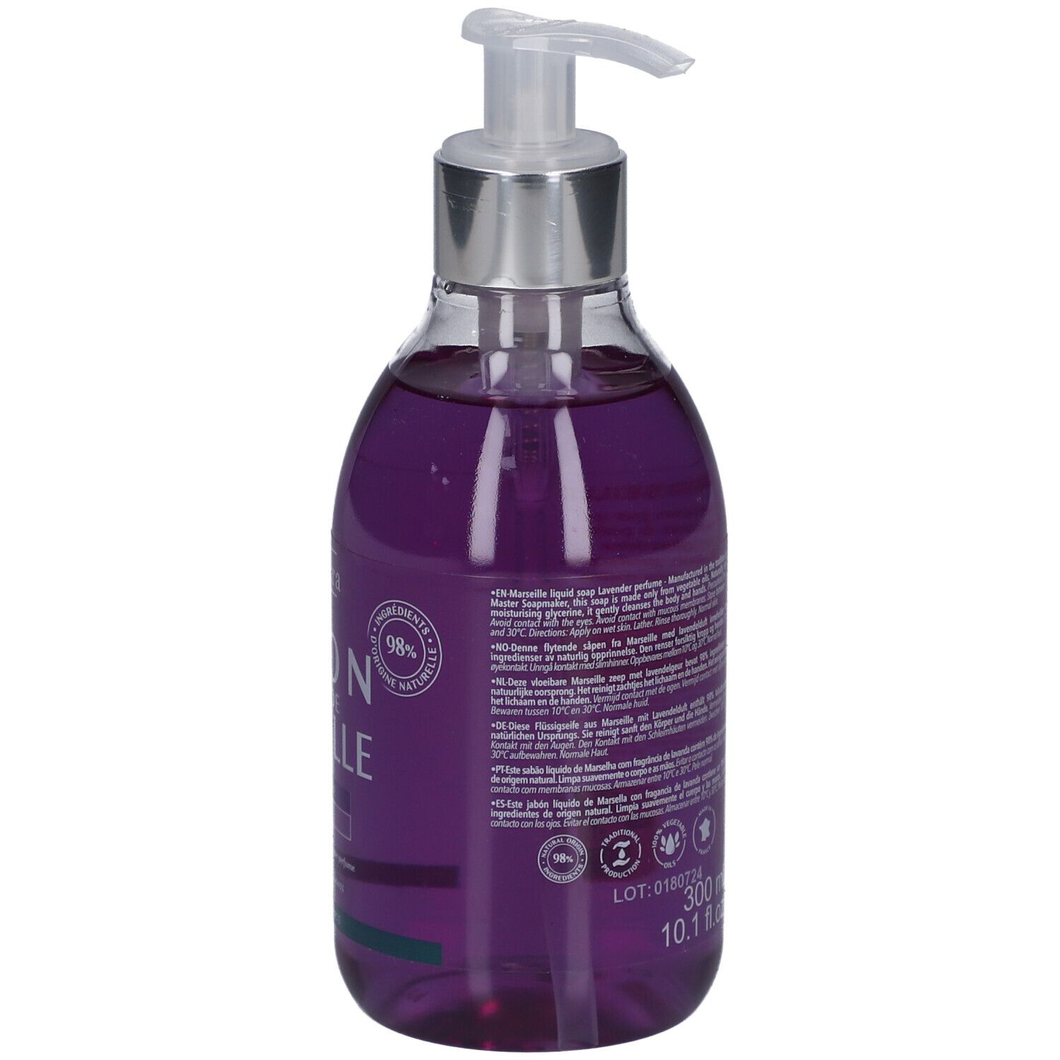 Rückseite der Seifenflasche. Text: Savon Liquide de Marseille, Inhaltsstoffe, Zertifizierungen. 300 ml, 10.1 fl.oz.