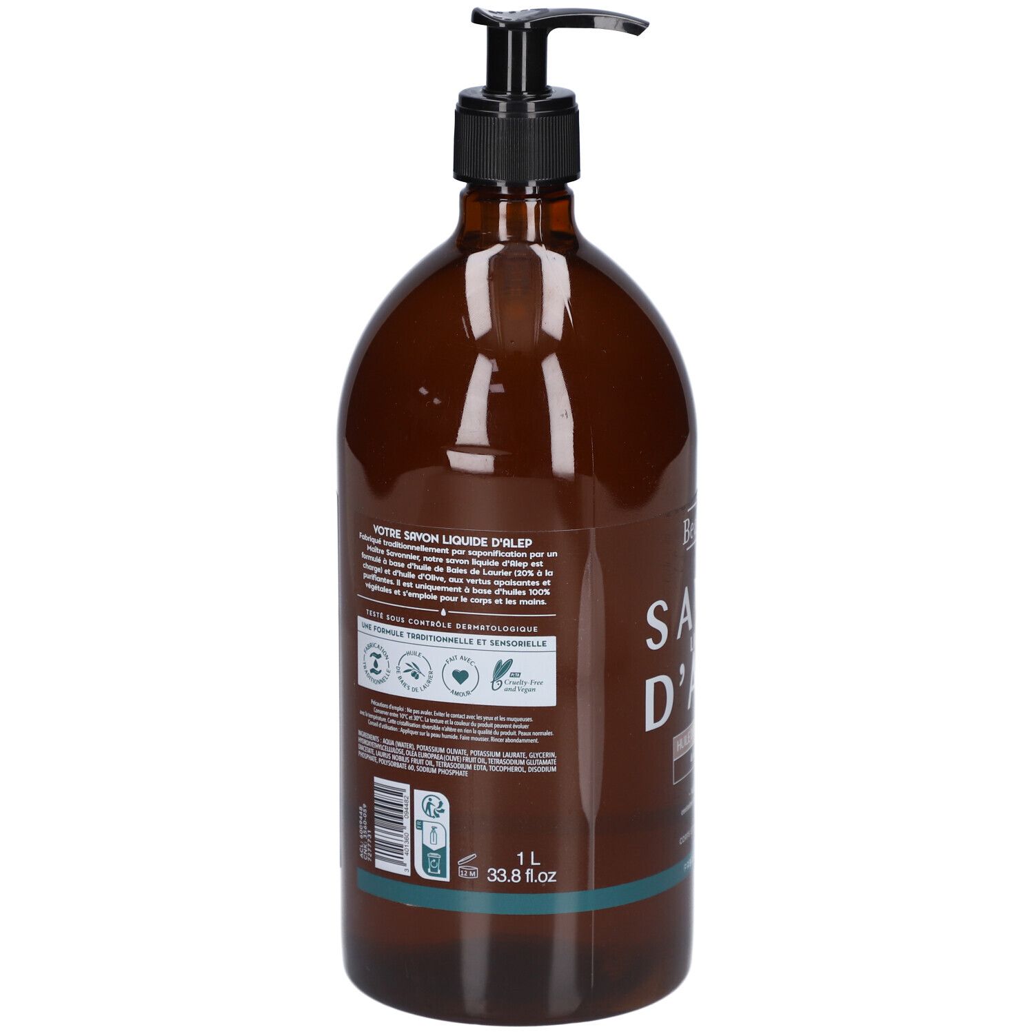 Rückseite der braunen Flasche mit schwarzem Spender. Text und Logos. 1L, 33.8 fl oz.