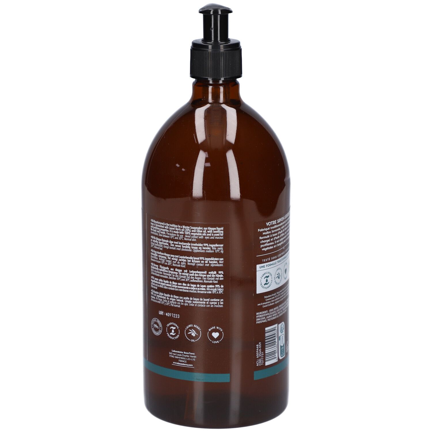 Rückseite der braunen Flasche mit schwarzem Spender. Text und Logos. Produktcode.