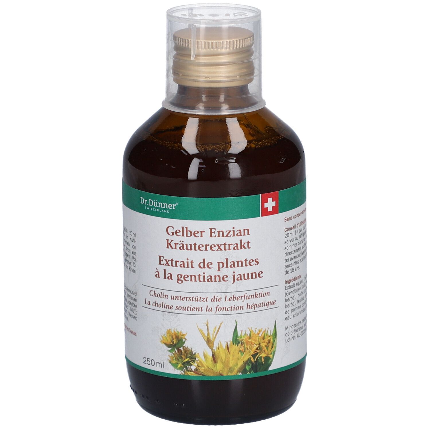 Flacon en verre brun avec extrait liquide jaune. Étiquette avec nom du produit et croix suisse. 250ml.