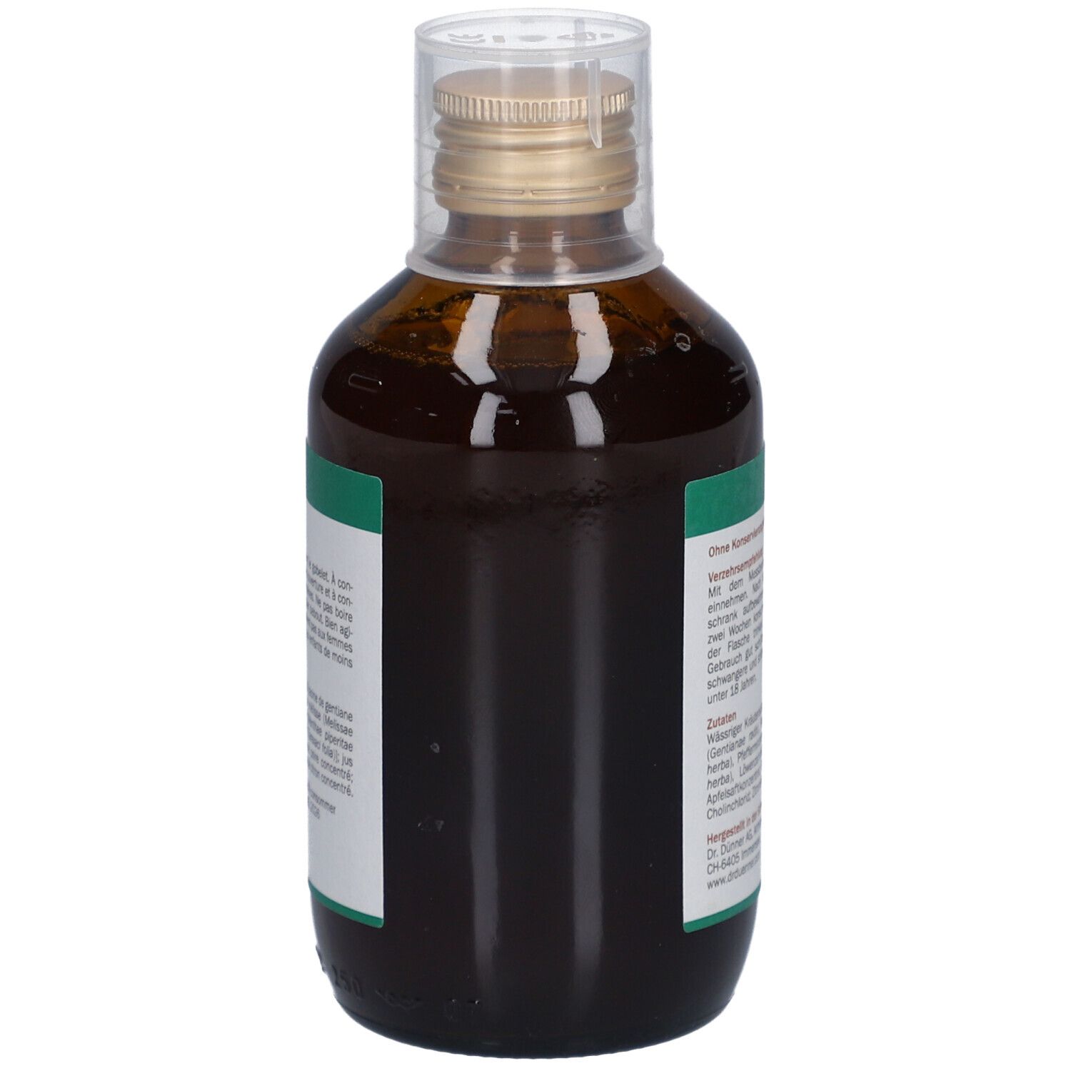 Flacon en verre brun avec extrait liquide jaune. Étiquette avec informations sur le produit. Croix suisse. 250ml.