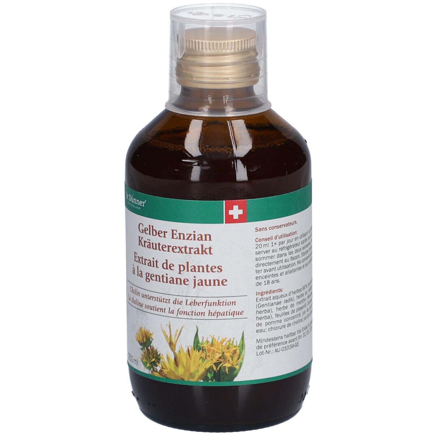 Flacon en verre brun avec extrait liquide jaune. Étiquette avec nom du produit et croix suisse. 250ml.