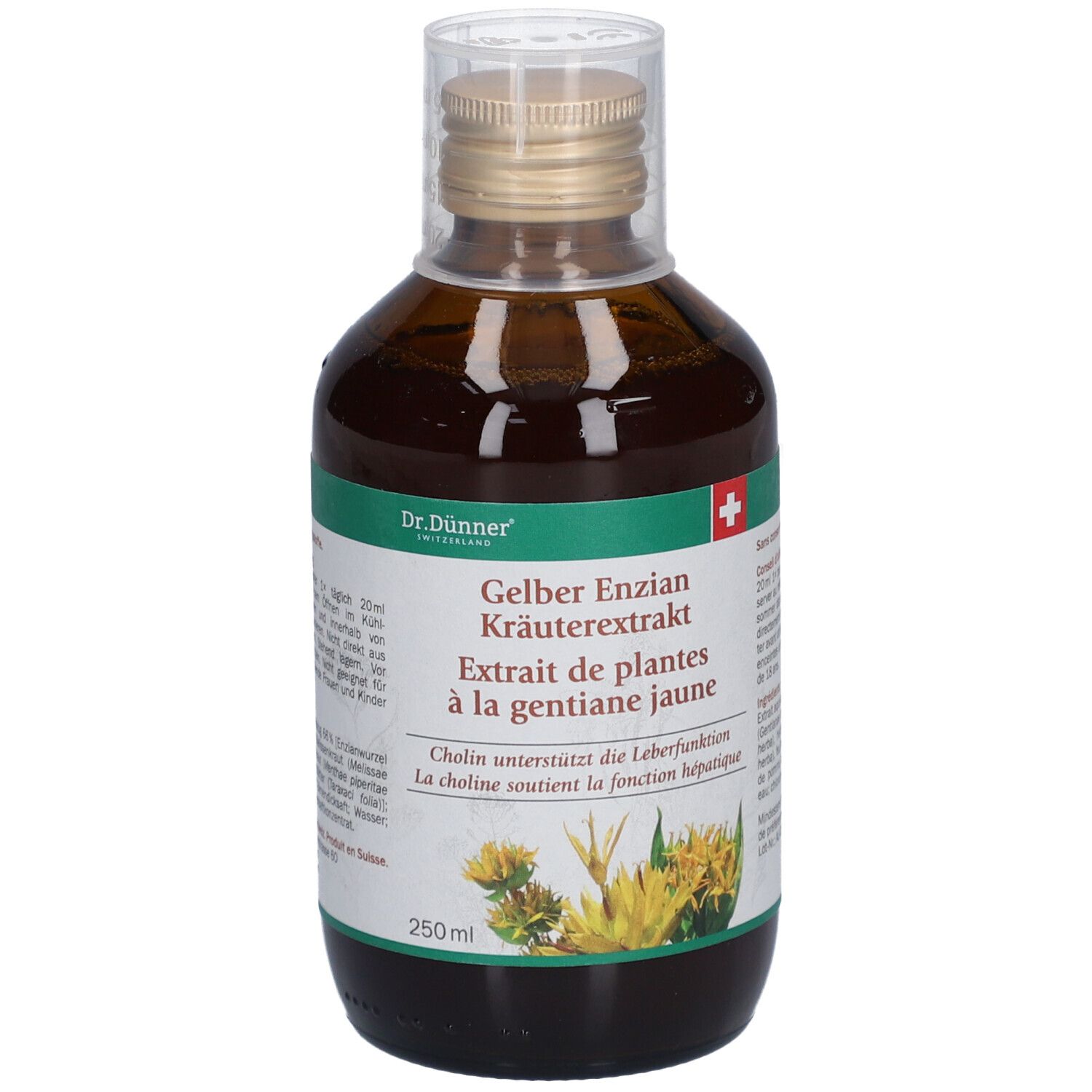 Flacon en verre brun avec extrait liquide jaune. Étiquette avec nom du produit et croix suisse. 250ml.