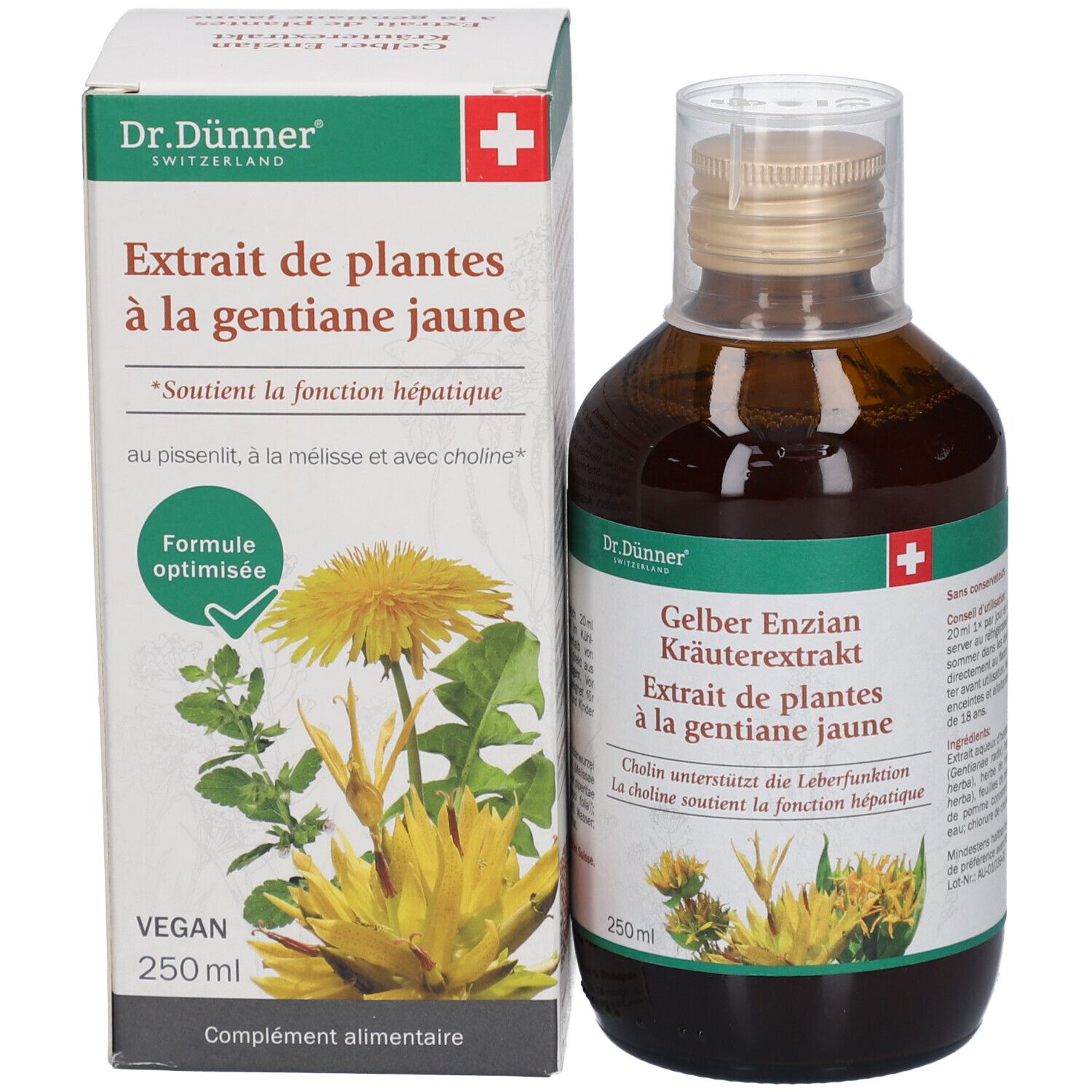 Flacon et emballage du produit. Flacon avec extrait liquide jaune. Emballage avec nom du produit et croix suisse. 250ml.