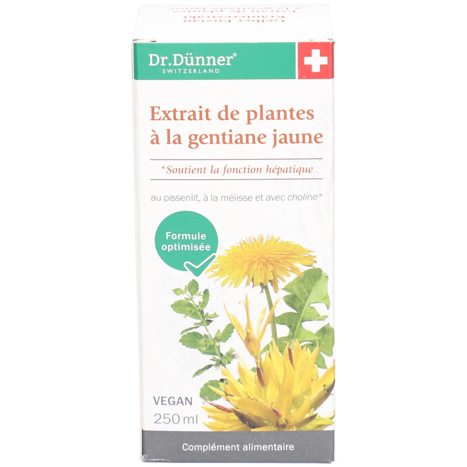 Emballage avec nom du produit et croix suisse. 250ml. Végétalien. Illustration de fleurs et feuilles jaunes.