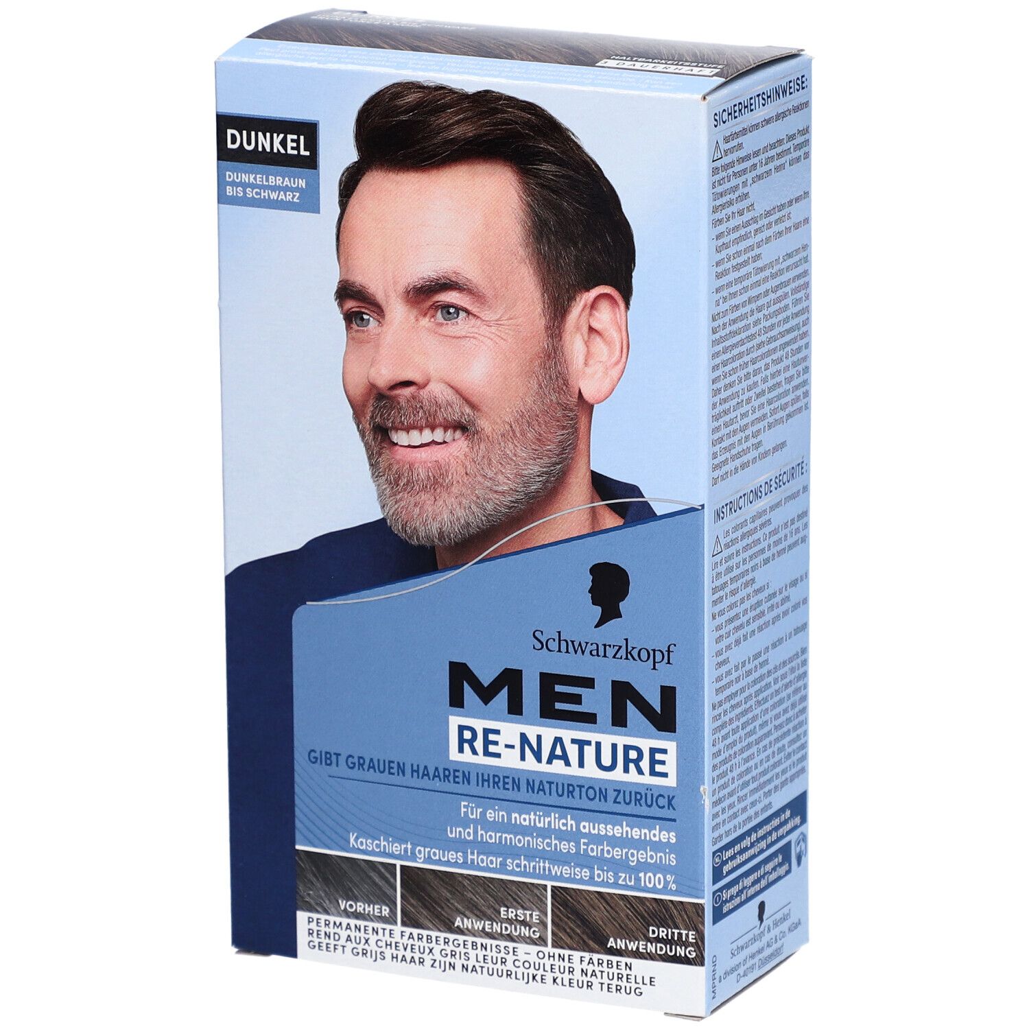 Schwarzkopf MEN Re-Nature Packung. Dunkelbraun bis Schwarz. Abbildung eines Mannes mit Bart. Text: Gibt grauen Haaren ihren Naturton zurück.