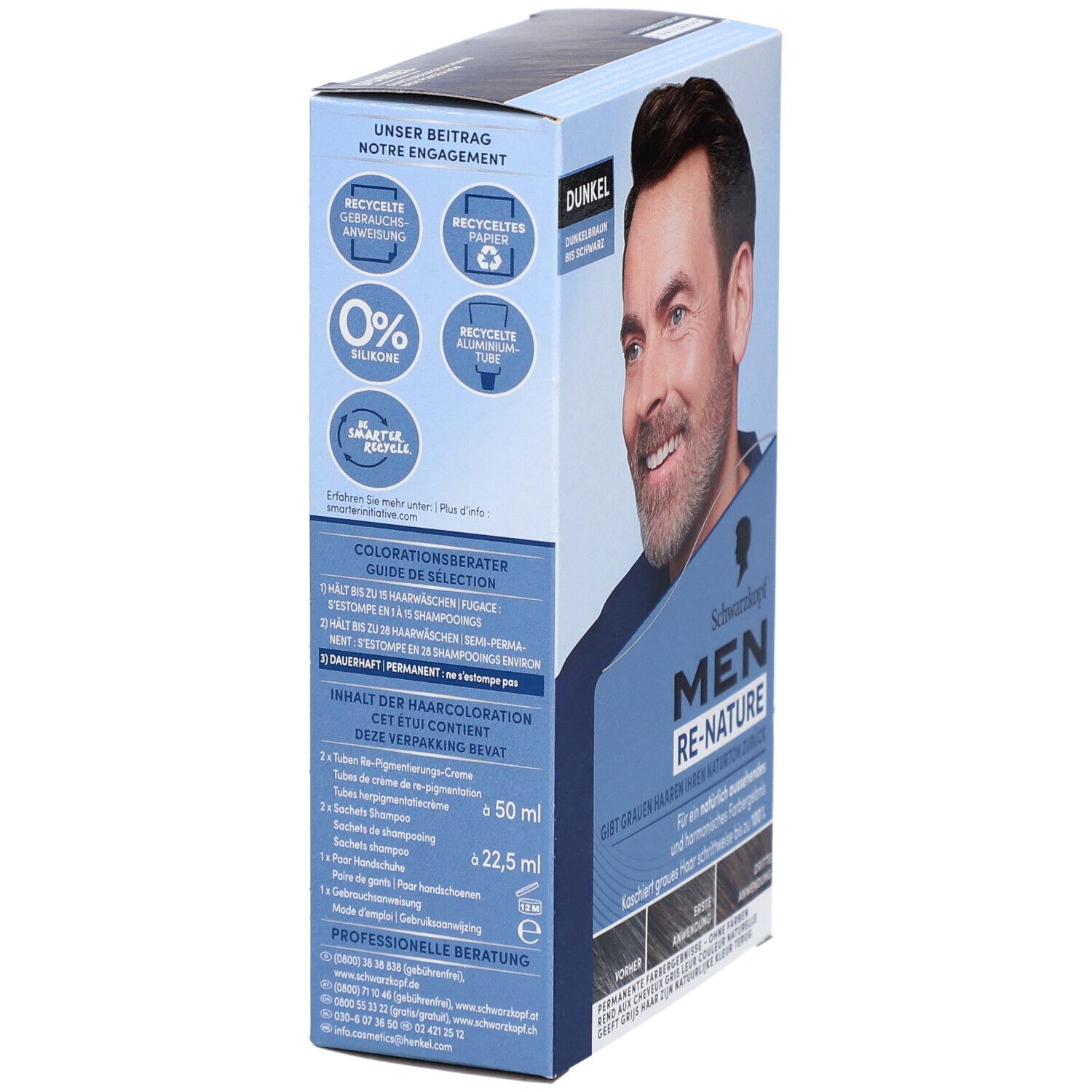 Schwarzkopf MEN Re-Nature Packung. Dunkelbraun bis Schwarz. Seitenansicht mit Text und Logos. Enthält 2 x 22,5 ml. 0% Silikon.