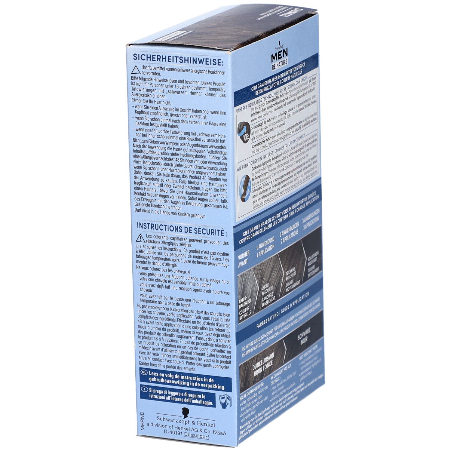 Seite der Schwarzkopf MEN Re-Nature Packung. Sicherheitshinweise und Gebrauchsanweisung. Logos und Text.