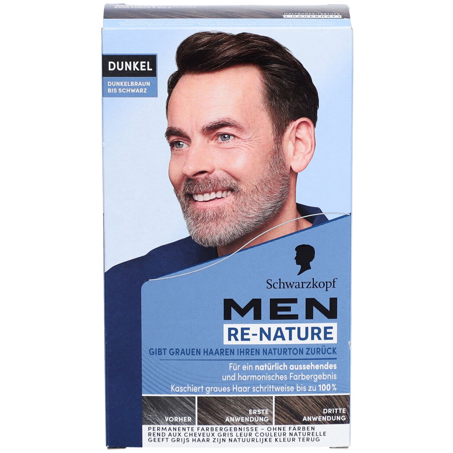 Schwarzkopf MEN Re-Nature Packung. Dunkelbraun bis Schwarz. Abbildung eines Mannes mit Bart. Text: Gibt grauen Haaren ihren Naturton zurück.