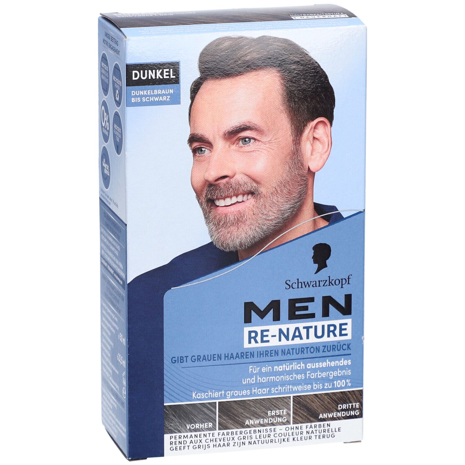 Schwarzkopf MEN Re-Nature Packung. Dunkelbraun bis Schwarz. Abbildung eines Mannes mit Bart. Text: Gibt grauen Haaren ihren Naturton zurück.