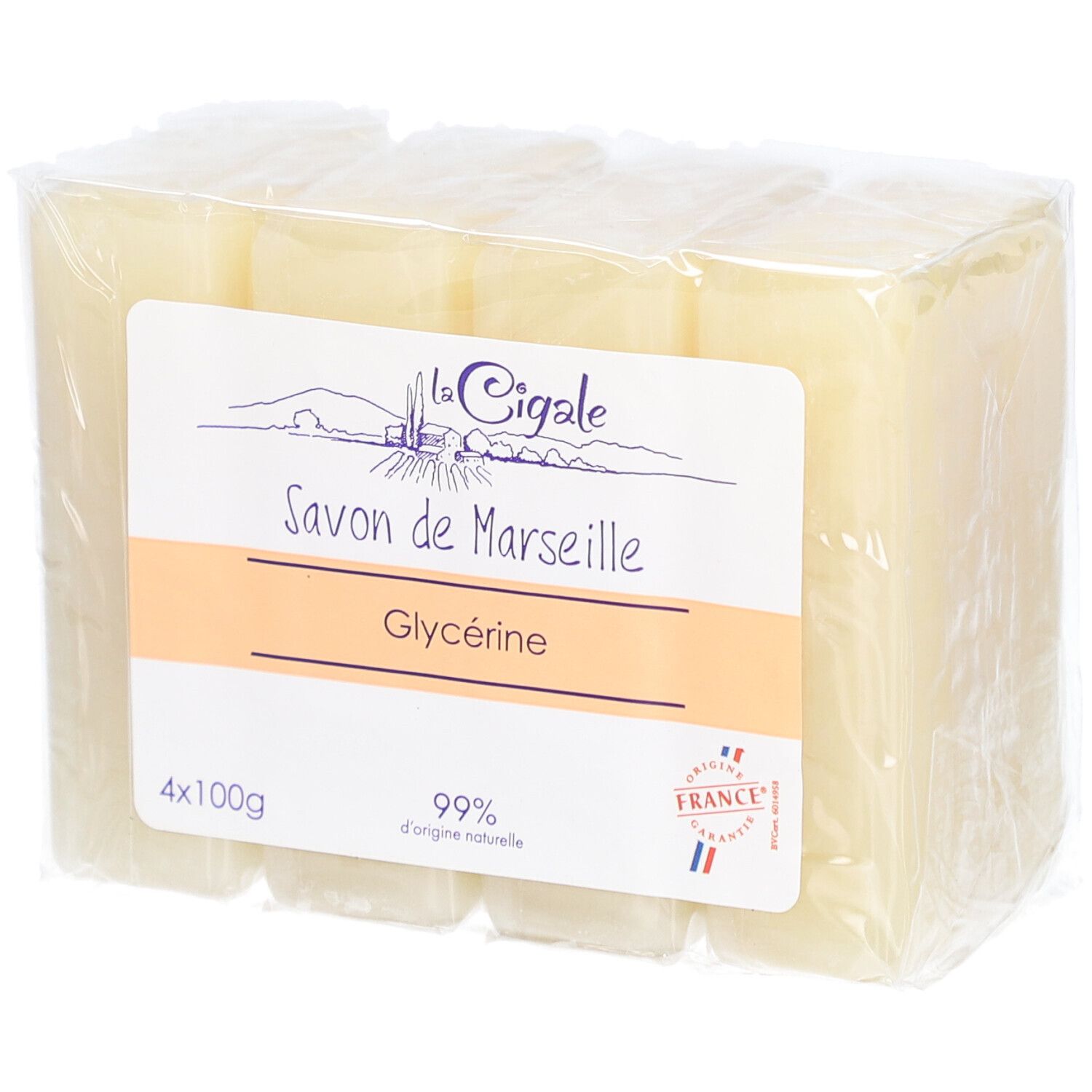 Verpackung mit vier Seifenblöcken. Aufkleber mit "La Cigale", "Savon de Marseille", Glyzerin und "99% d'origine naturelle".