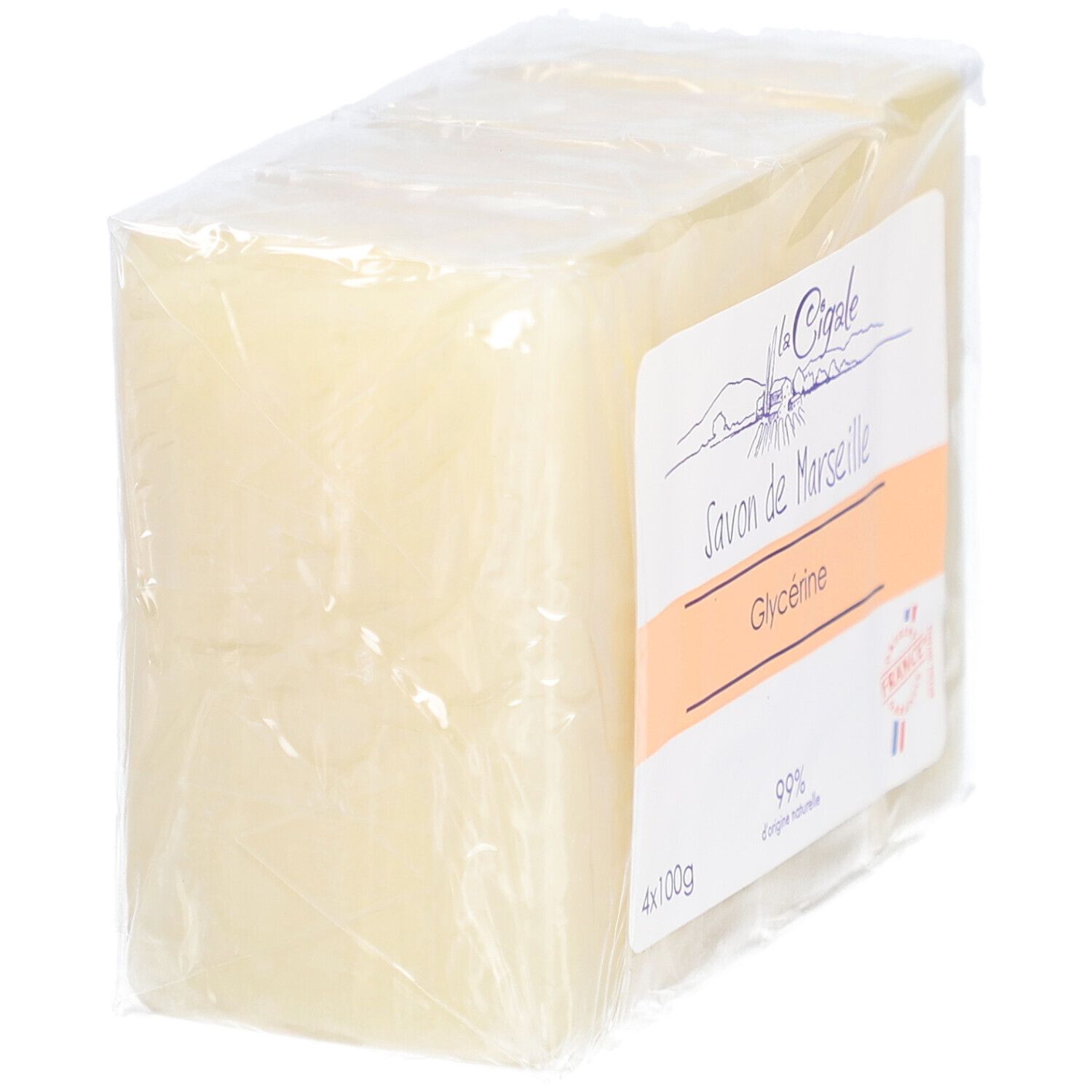 Verpackung mit vier Seifenblöcken. Aufkleber mit "La Cigale", "Savon de Marseille", Glyzerin und "99% d'origine naturelle".