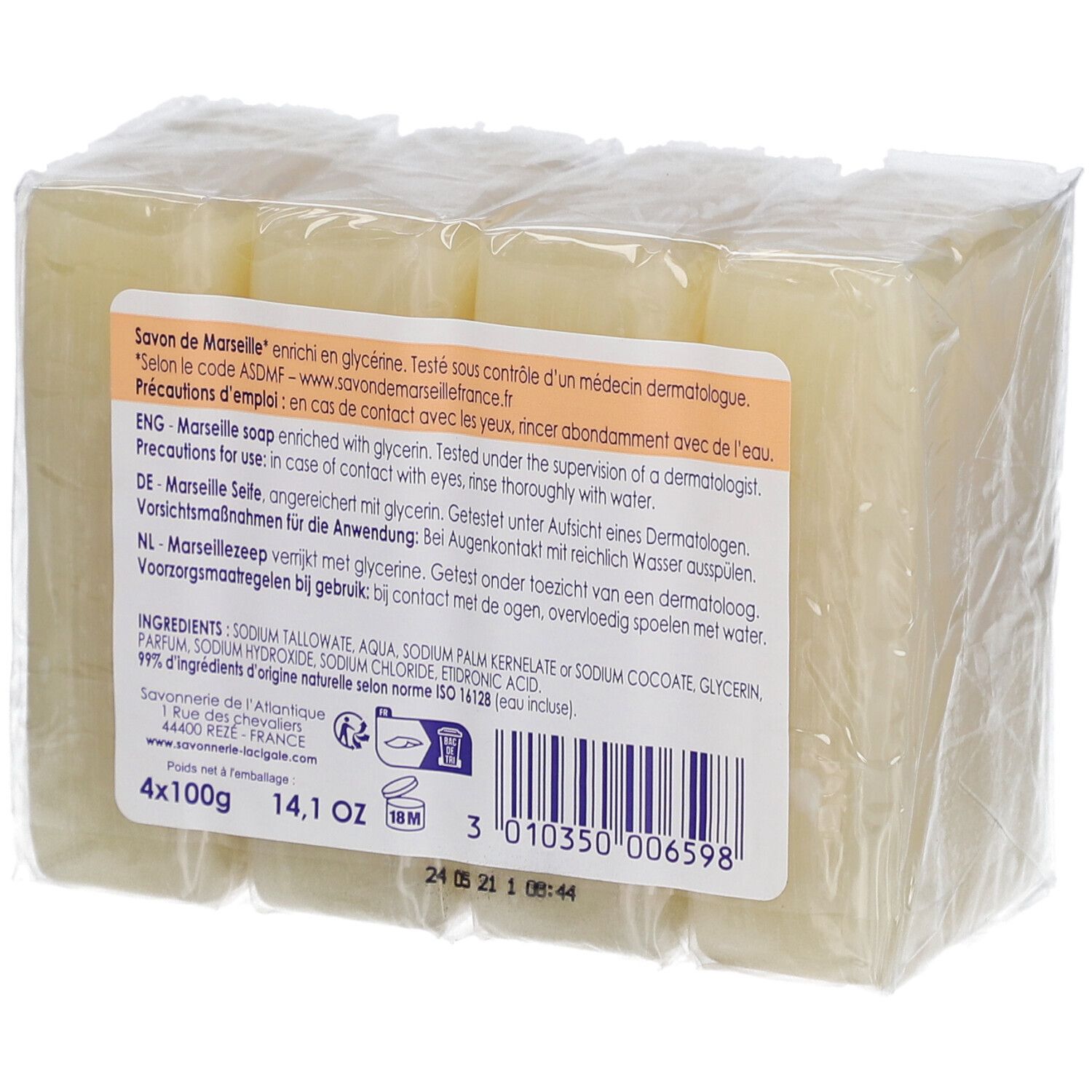 Verpackung mit vier Seifenblöcken. Rückseite mit Text, Inhaltsstoffen, Barcode und Logo "Made in France".