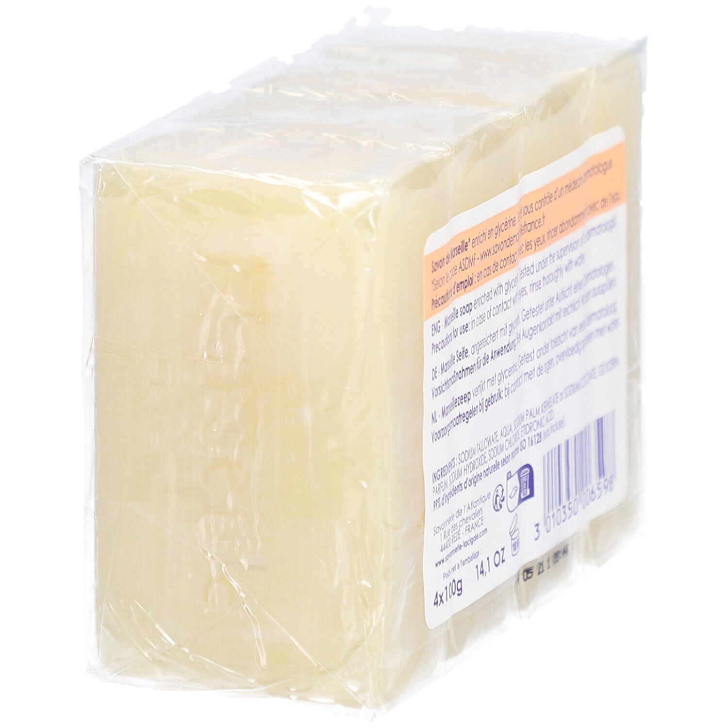 Verpackung mit vier Seifenblöcken. Rückseite mit Text, Inhaltsstoffen, Barcode und Logo "Made in France".