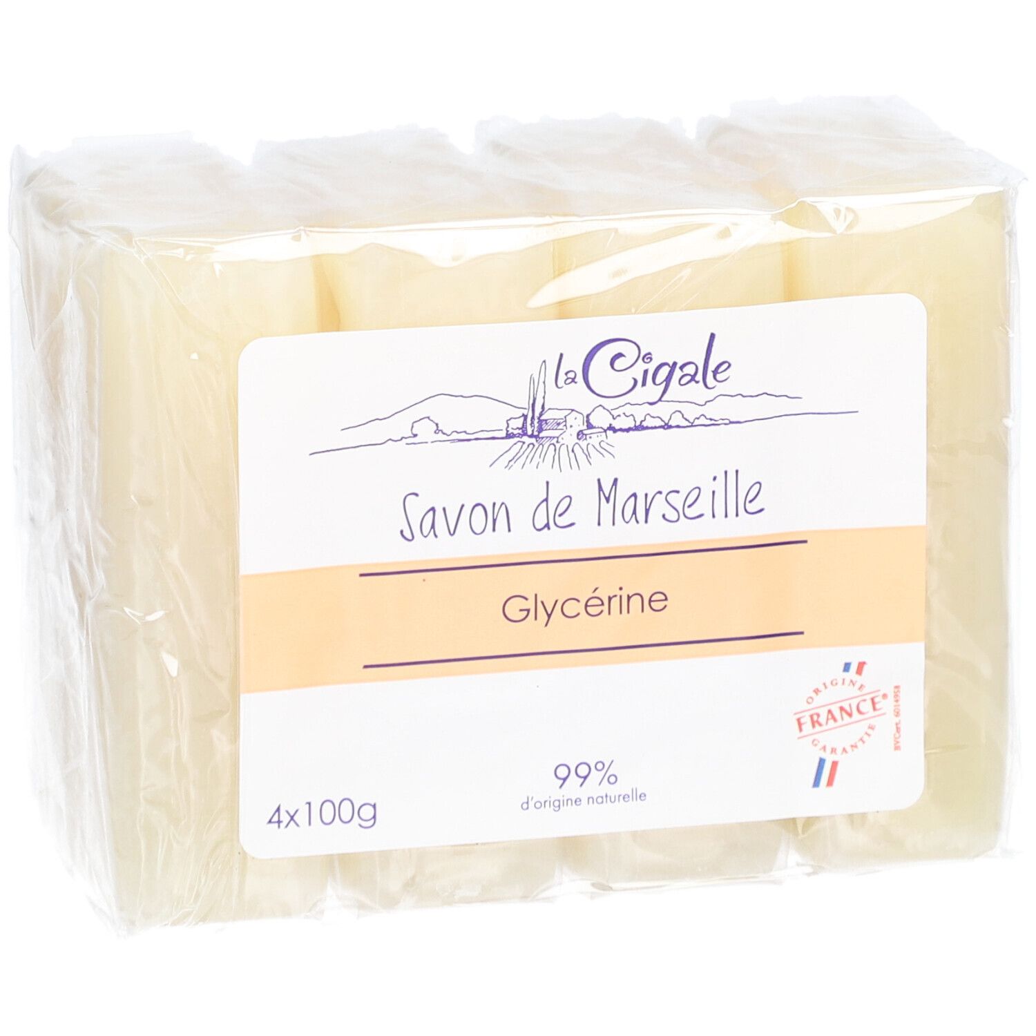 Verpackung mit vier Seifenblöcken. Aufkleber mit "La Cigale", "Savon de Marseille", Glyzerin und "99% d'origine naturelle".