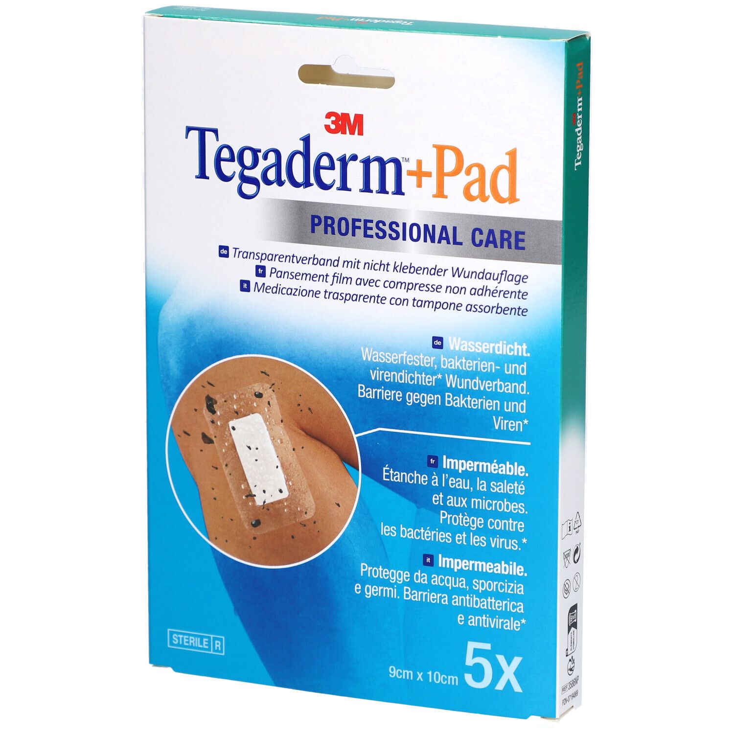 Verpackung mit 3M Tegaderm+Pad. Enthält 5 Verbände. Auf der Verpackung ist ein Verband auf der Haut abgebildet.