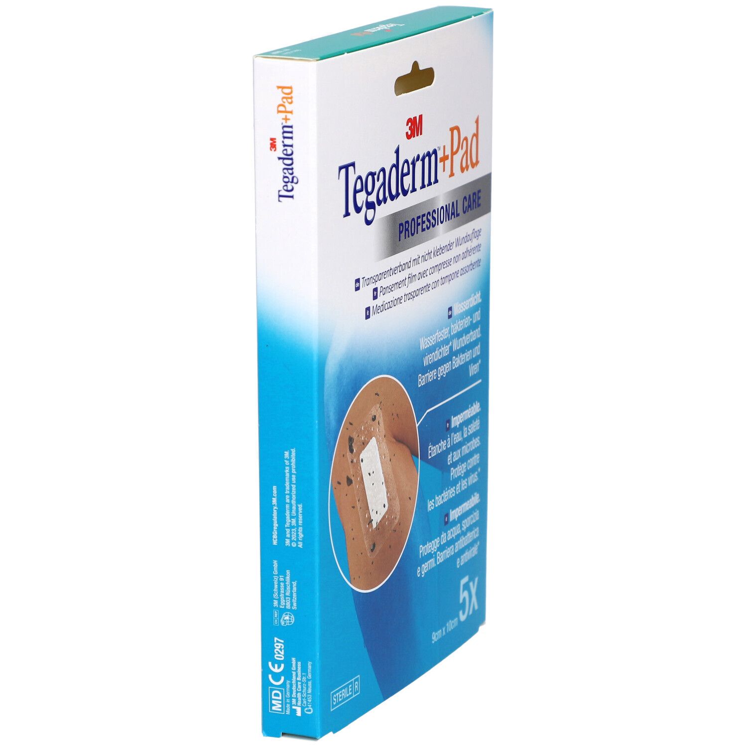 Seitenansicht der Verpackung von 3M Tegaderm+Pad. Blaue und weiße Verpackung mit Produktinformationen und Logo.