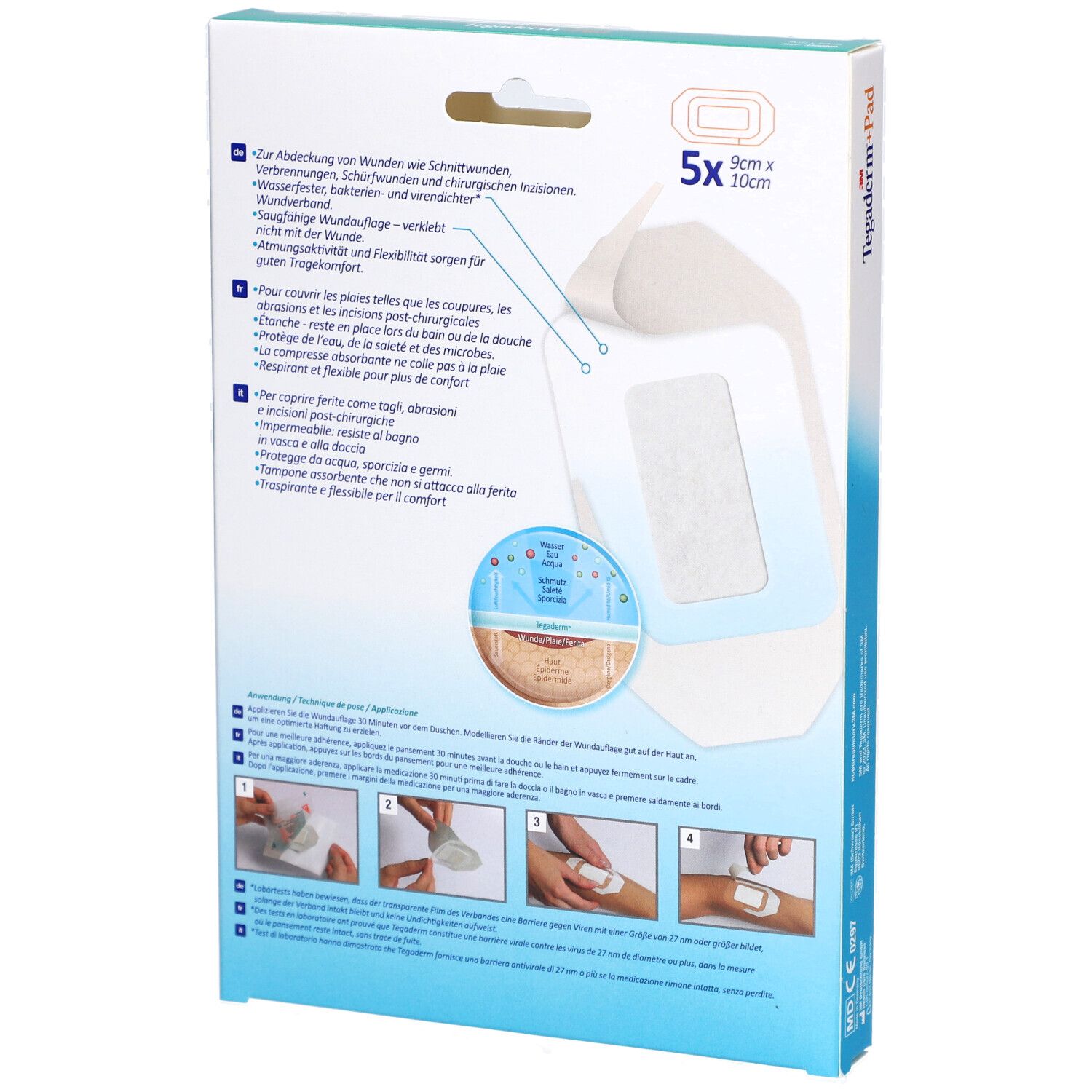 Rückseite der Verpackung von 3M Tegaderm+Pad. Produktinformationen, Anwendungsbeispiele und Abbildungen.