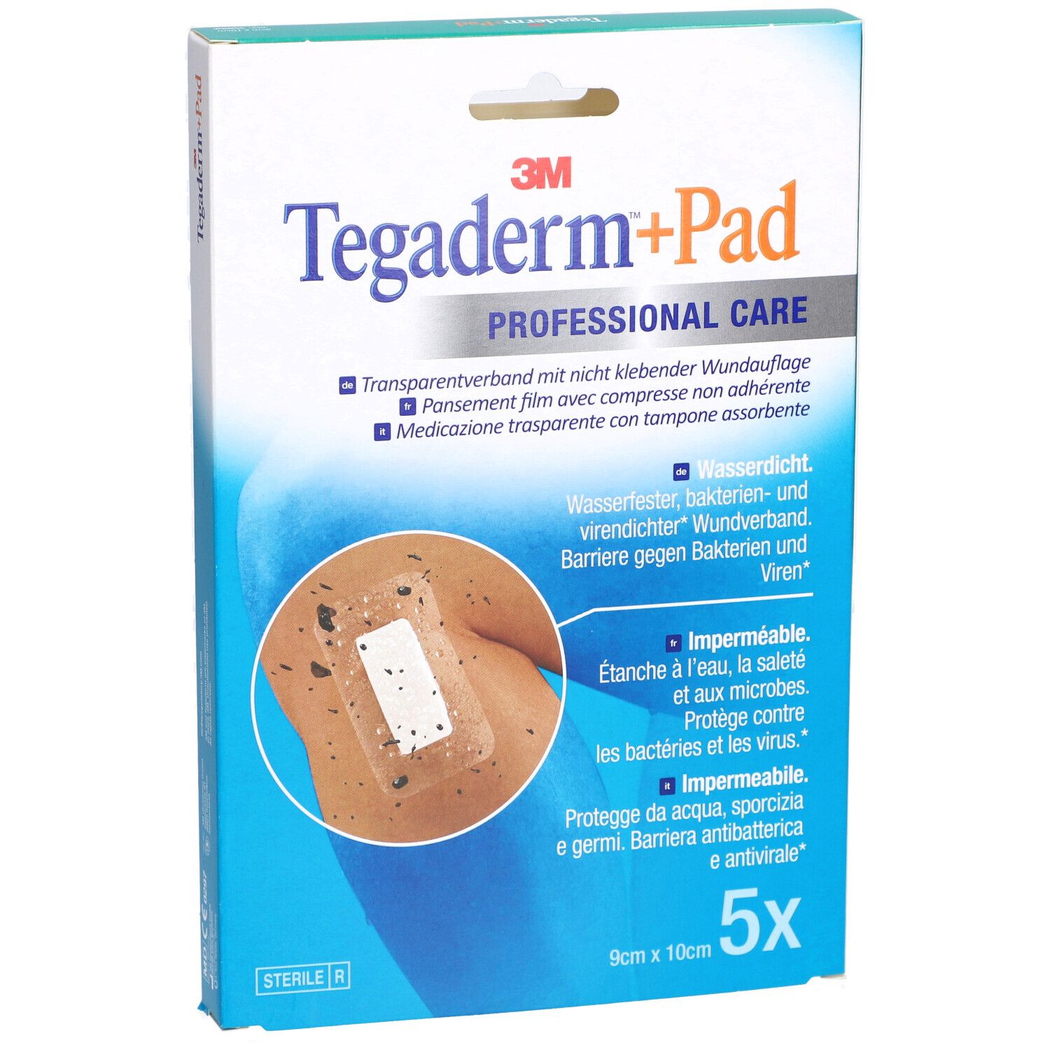 Vorderansicht der Verpackung von 3M Tegaderm+Pad. Enthält 5 Verbände. Verband auf der Haut abgebildet.