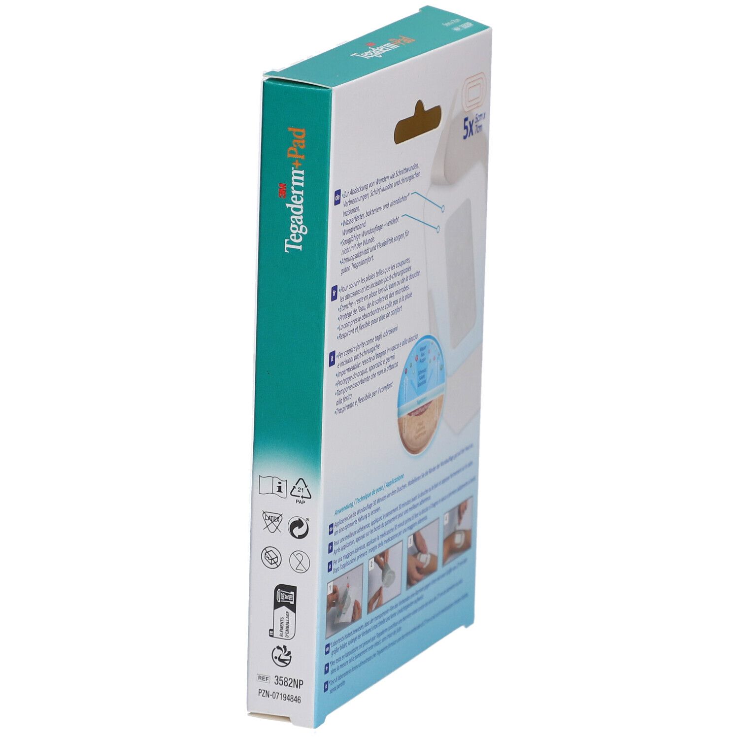 Vue en biais de l'emballage 3M Tegaderm+Pad. Illustration du produit et instructions d'utilisation. 5 unités.