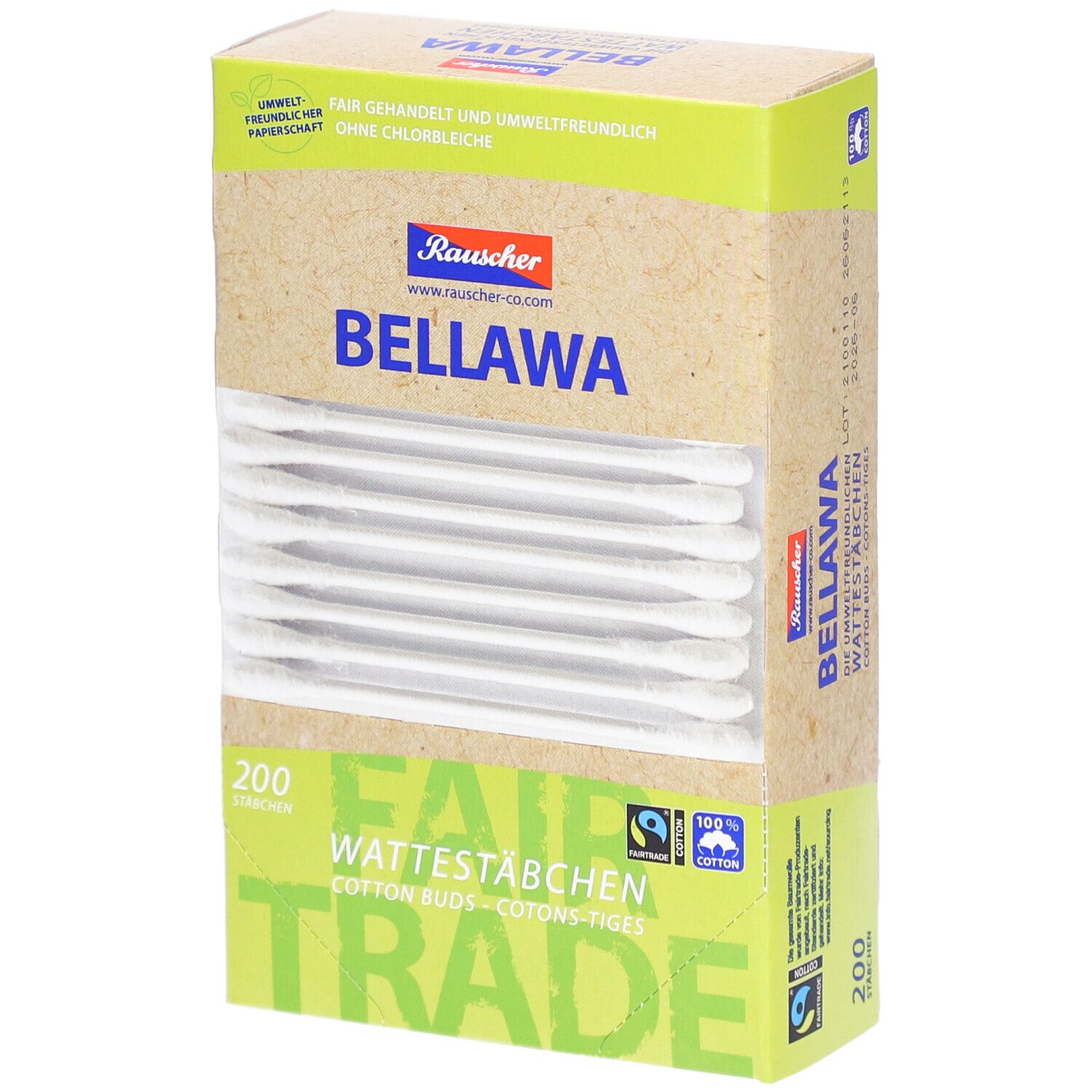 Boîte de cotons-tiges BELLAWA, 200 unités. Logo Fair Trade et 100% coton. Emballage en carton.