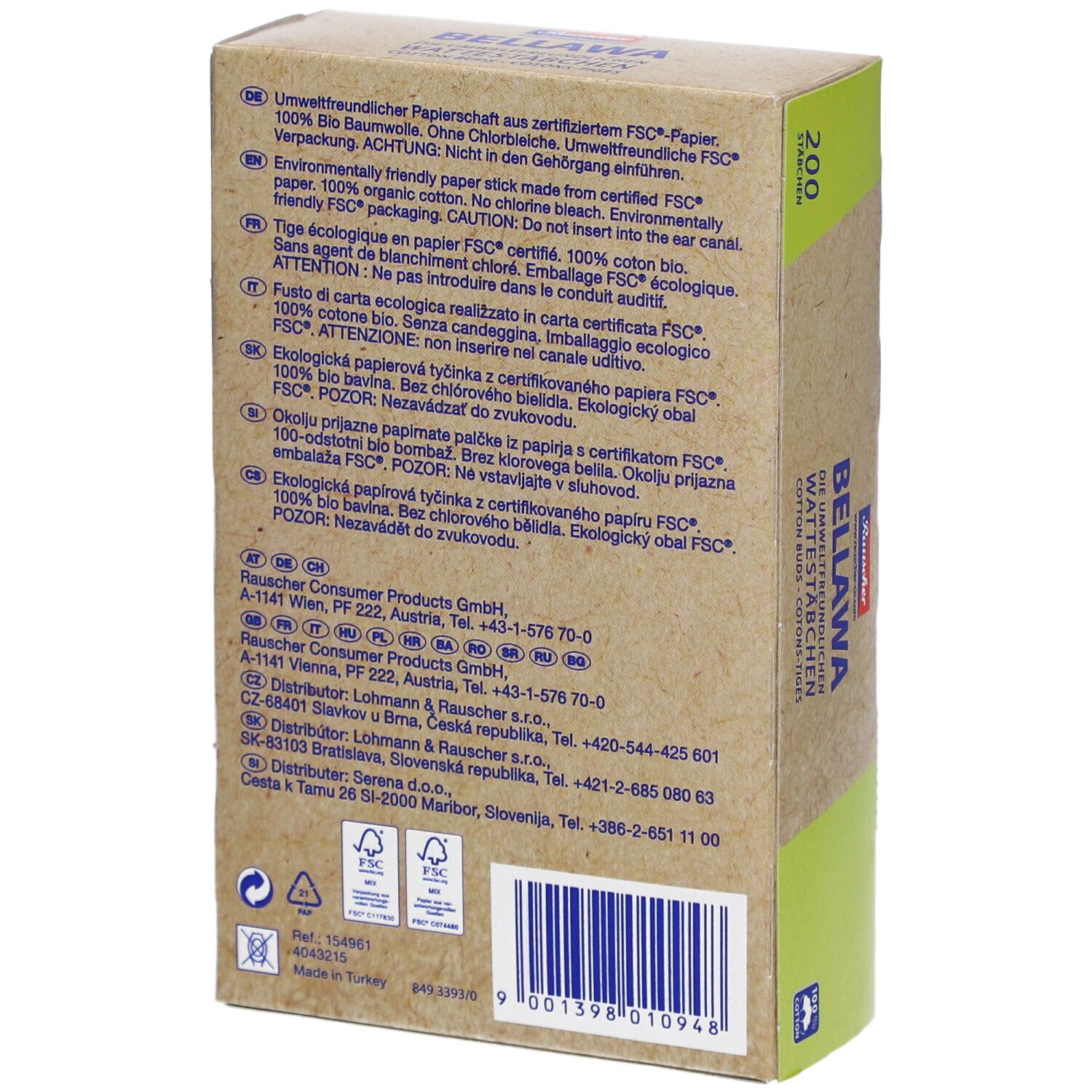 Dos de la boîte de cotons-tiges. Texte multilingue. Logos FSC et Fair Trade.