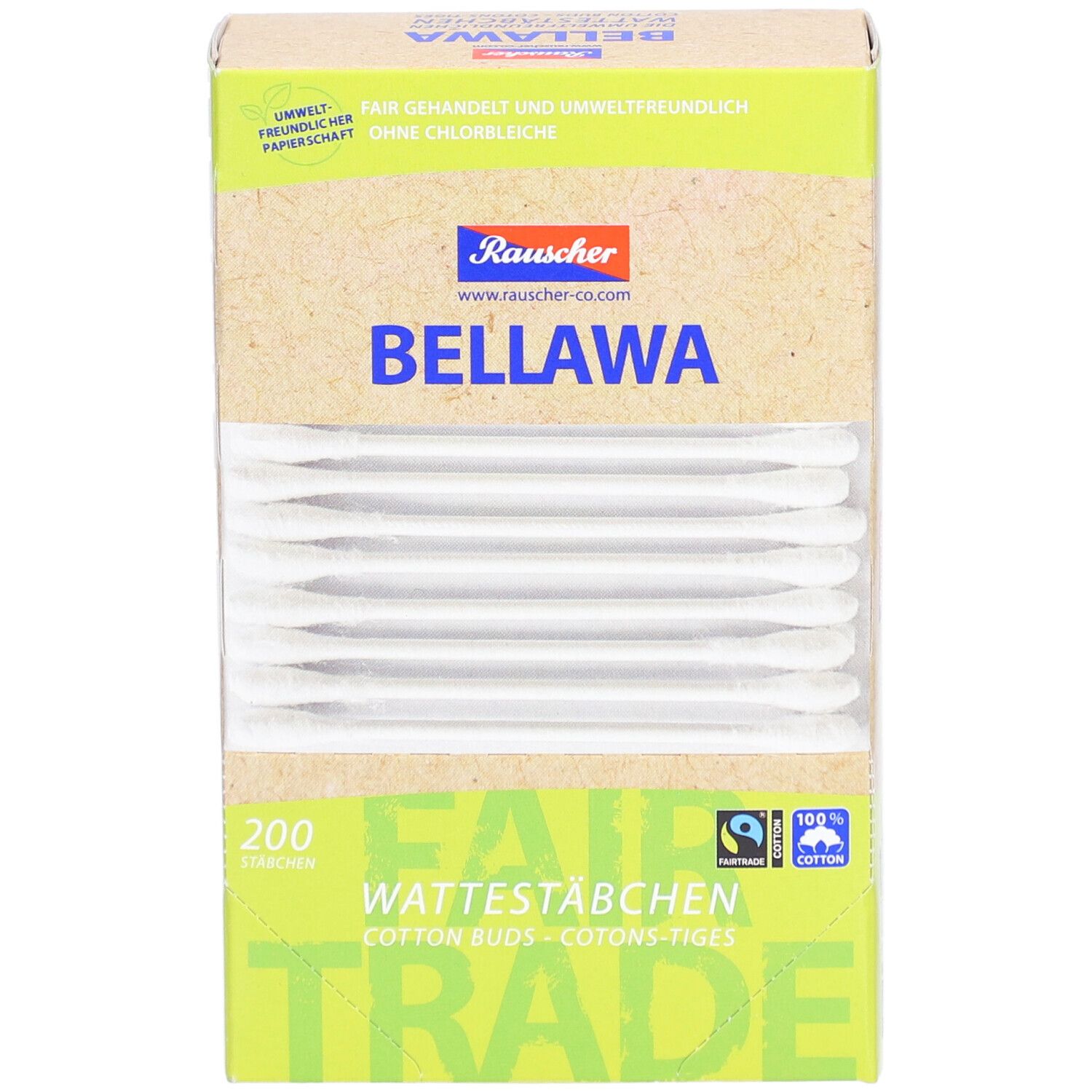 Boîte de cotons-tiges BELLAWA, 200 unités. Logo Fair Trade et 100% coton. Vue de face.