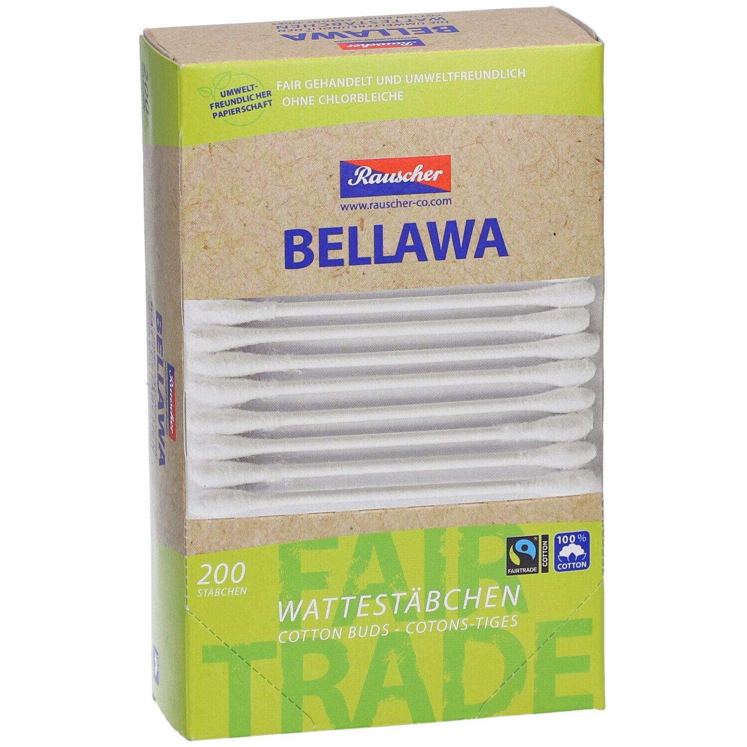 Boîte de cotons-tiges BELLAWA, 200 unités. Logo Fair Trade et 100% coton. Vue en perspective.