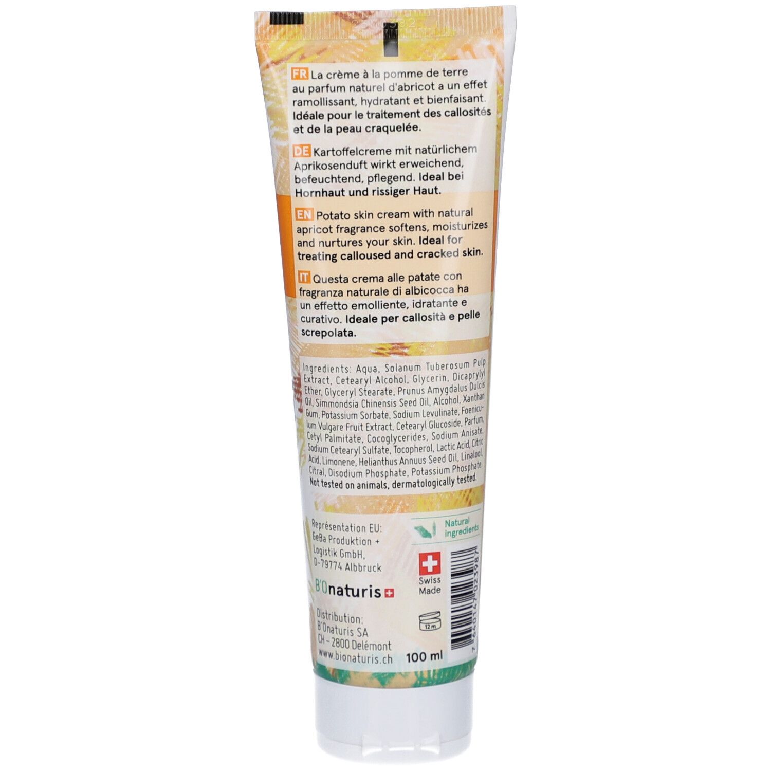Rückseite der Creme-Tube mit Text und Inhaltsstoffen. Schweizer Kreuz. Aufdruck '100 ml'.