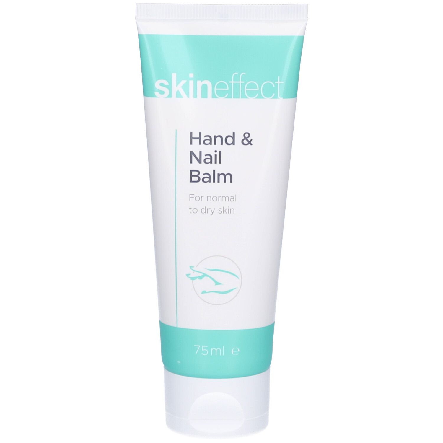 Weiß-türkisfarbene Tube. Aufschrift: skin effect, Hand & Nail Balm. Für normale bis trockene Haut. 75ml.